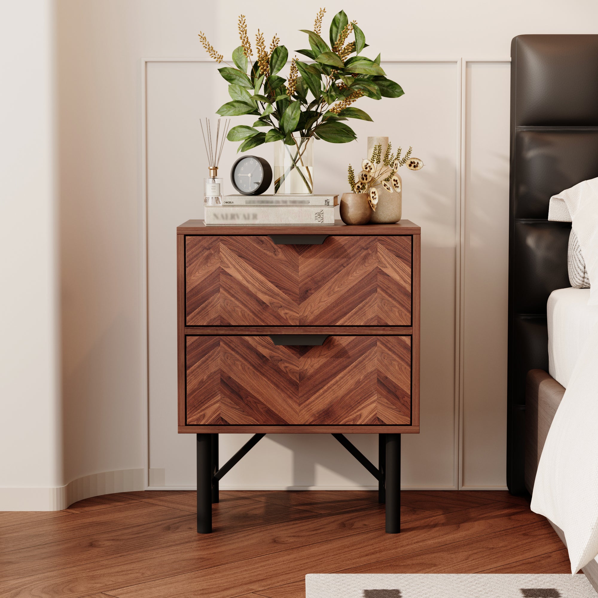 18.9" Rustic Brown Wood Grain 2-Drawer Bedside Table Nightstand