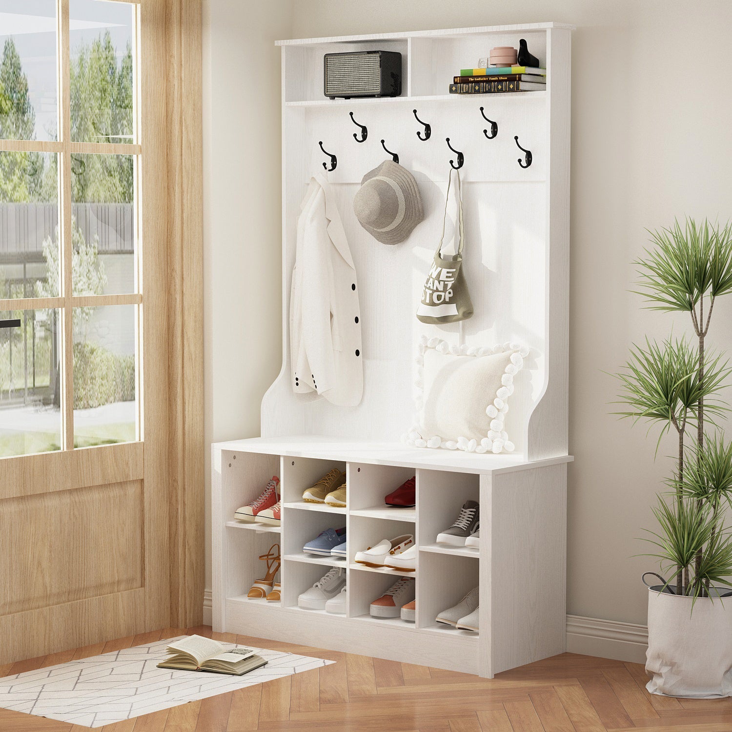 Hall Tree Shoe Storage Rack Bench Cabinet with Hooks for Entryway