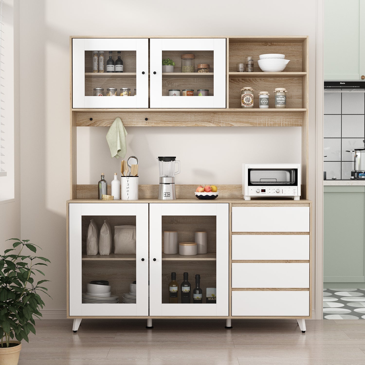Storage Sideboard Cabinet Cupboard with Drawers and Glass Doors for Kitchen Organization
