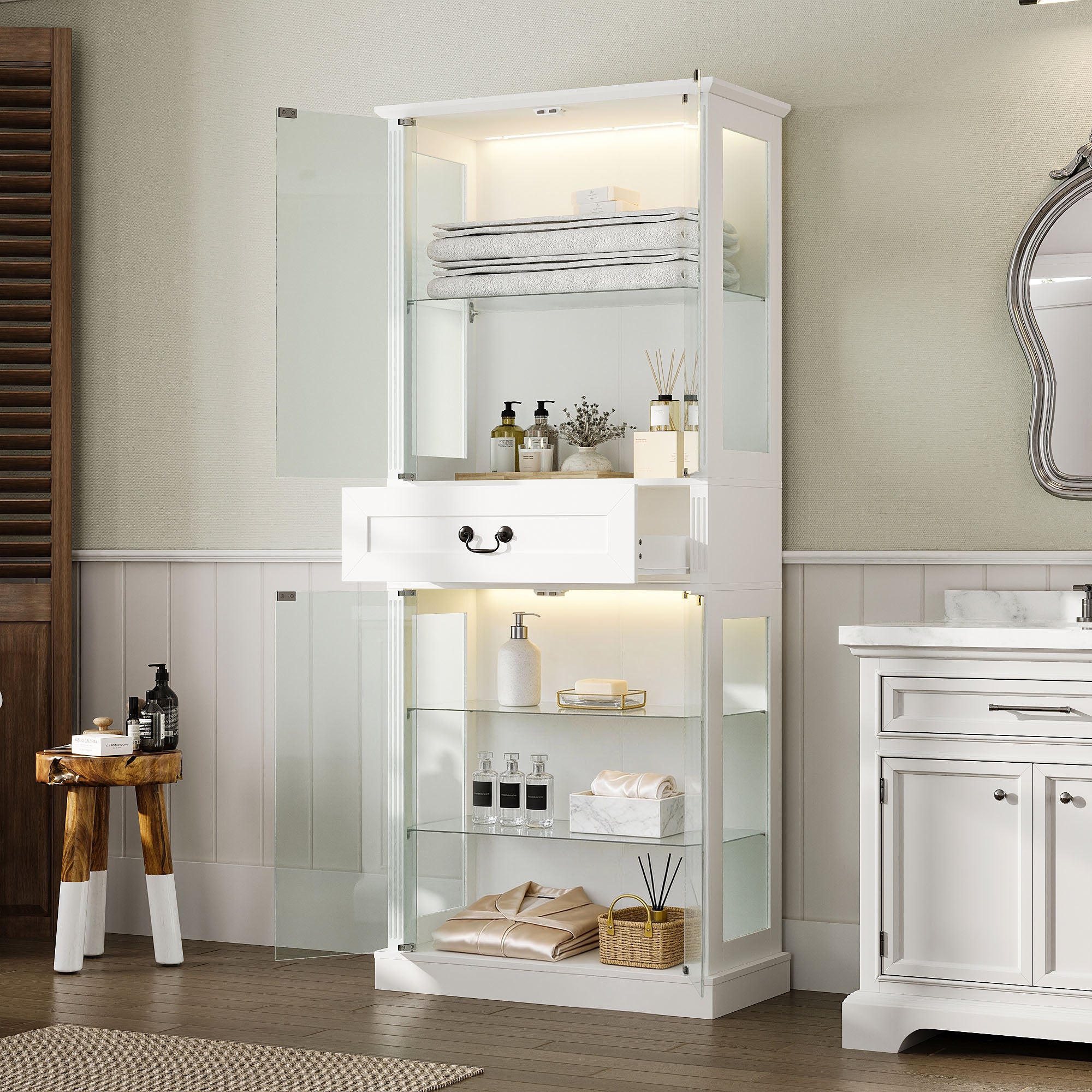 Elegant Bathroom Cabinet With Glass Doors & Smart LED Light
