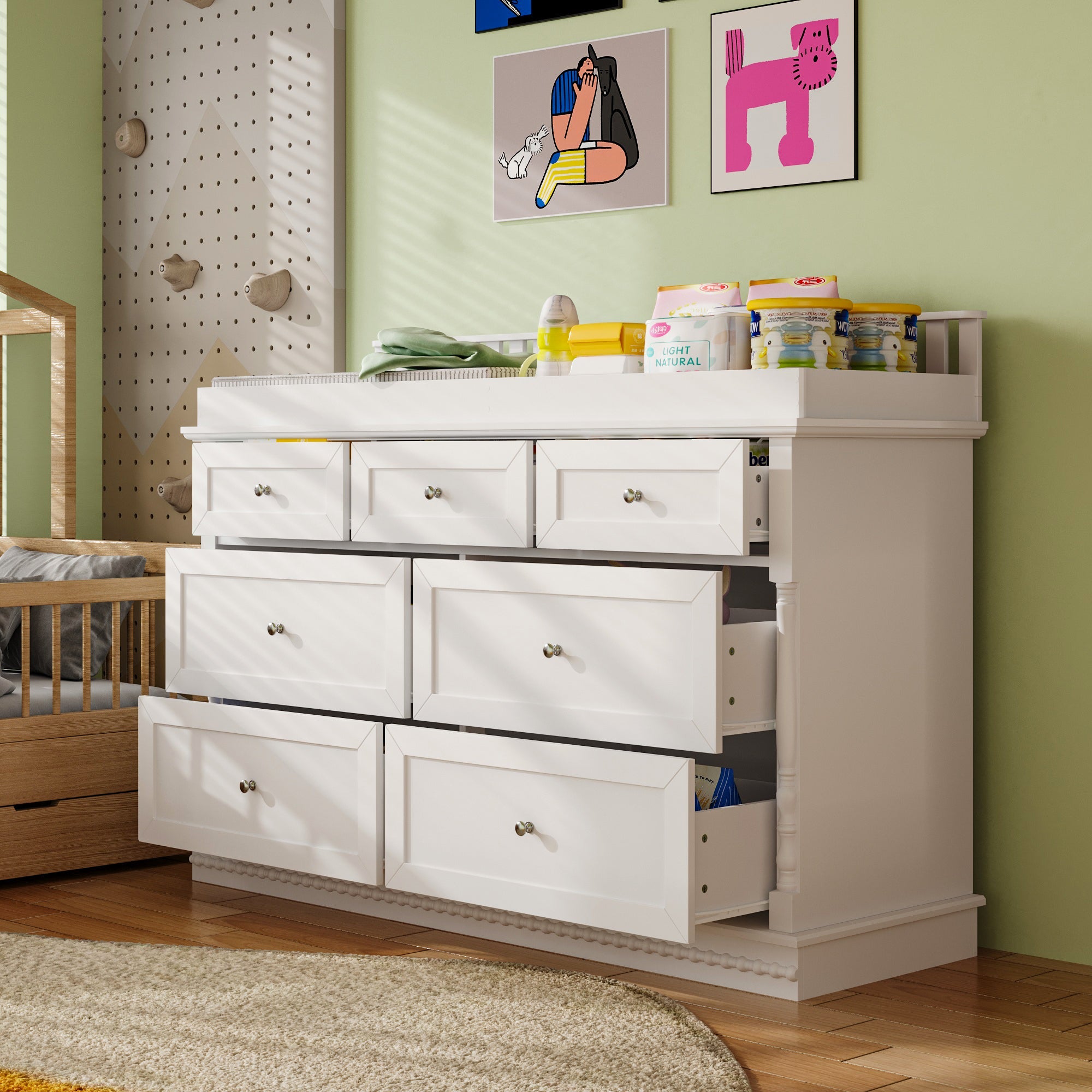 Chest Nursery Dresser Changing Table Top – 7-Drawer Baby Storage Organizer for Diapers and Clothes