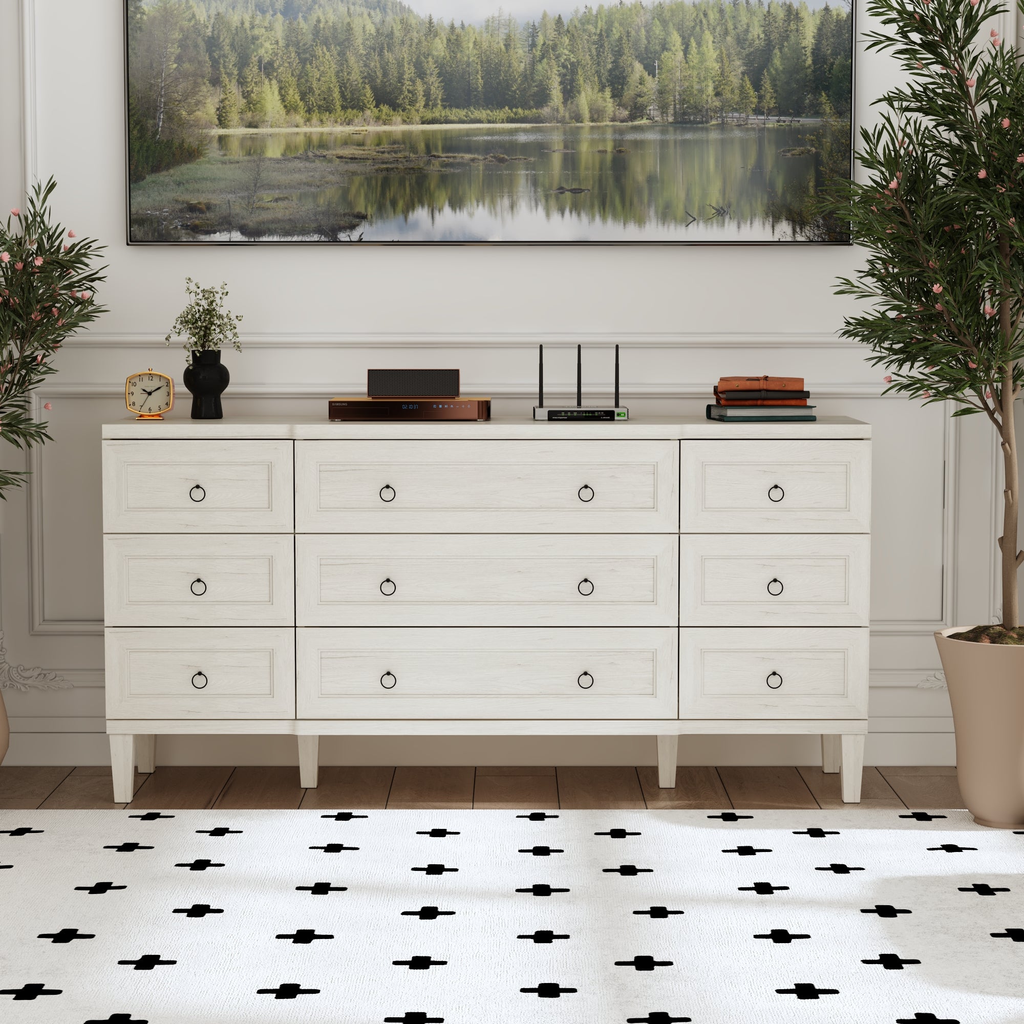63.4 inch Modern White 9-Drawer Dresser with Gold Handles & Wide Storage Top Beige