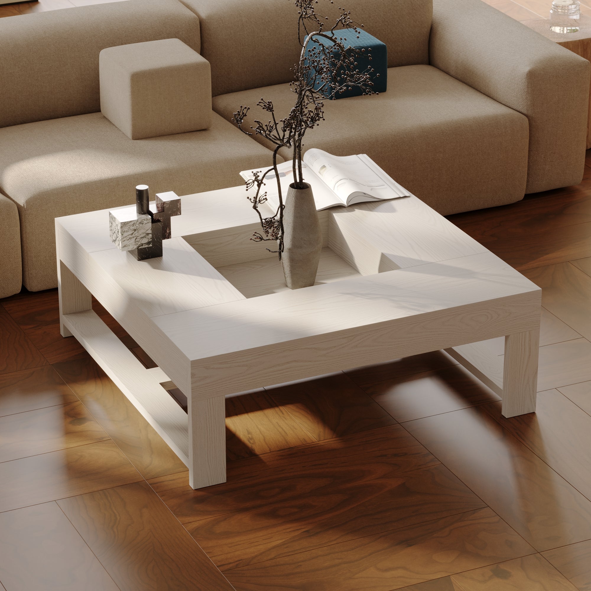43.3'' Square Coffee Table With Groove Design-Sleek Design Meets Practical Functionality