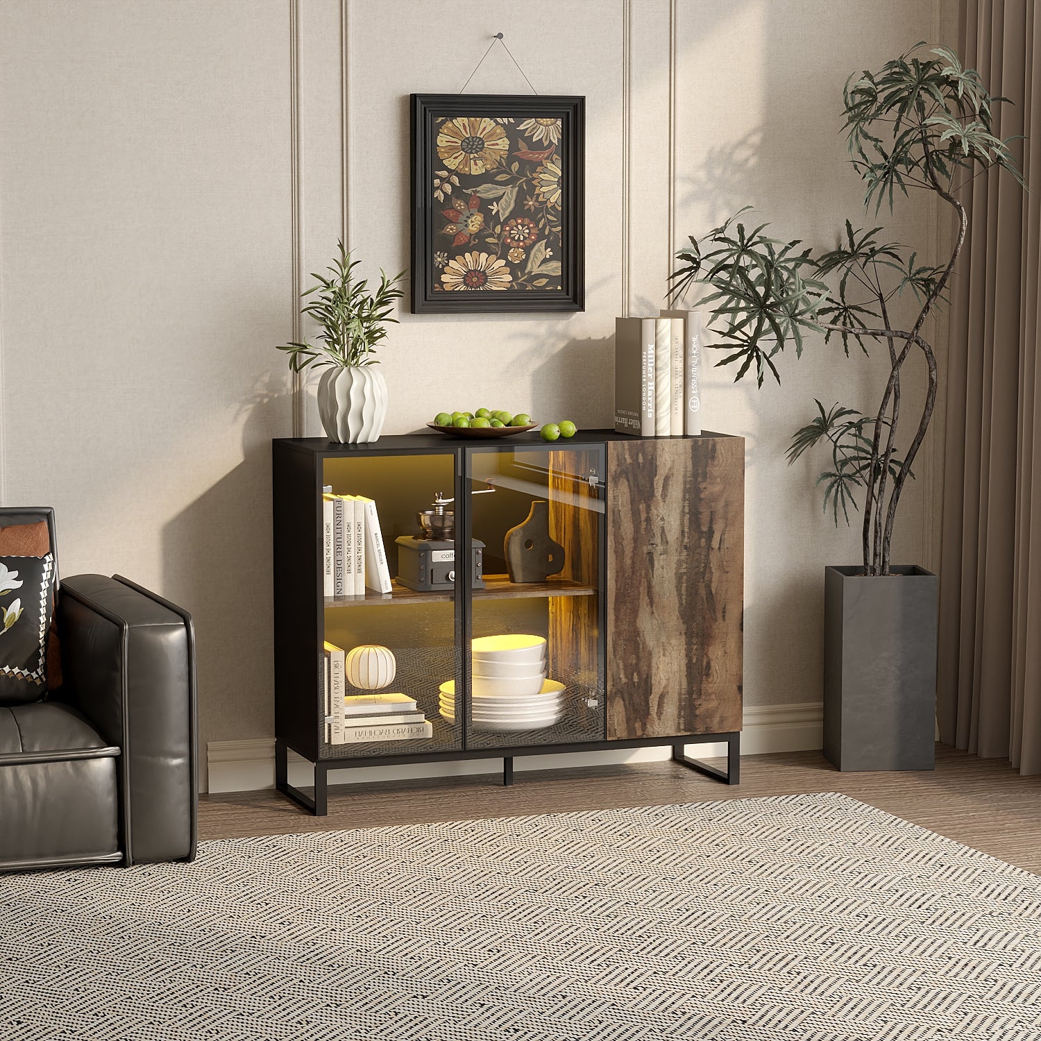 47.2" W Sideboard Cabinet Buffet With Glass Door And Light