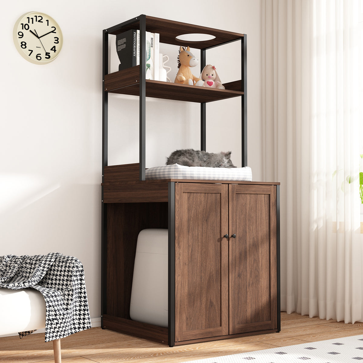 30.8 inches Walnut Wood‑Grain Cat Litter Box Enclosure with Multi‑Level Cat Perch and Storage Shelves