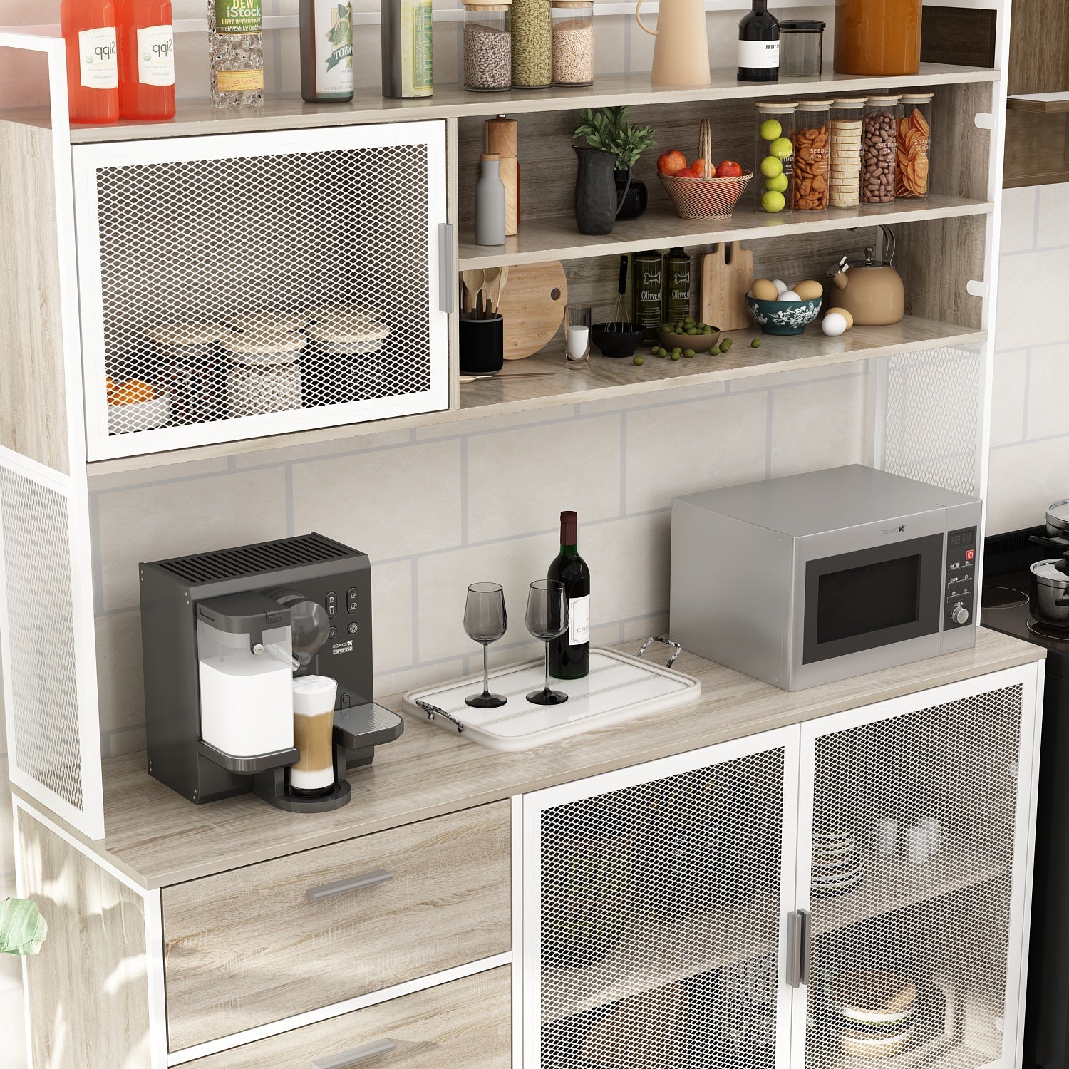 Large Kitchen Sideboard Display Cupboard with Drawers and Mesh Doors Wood Grain