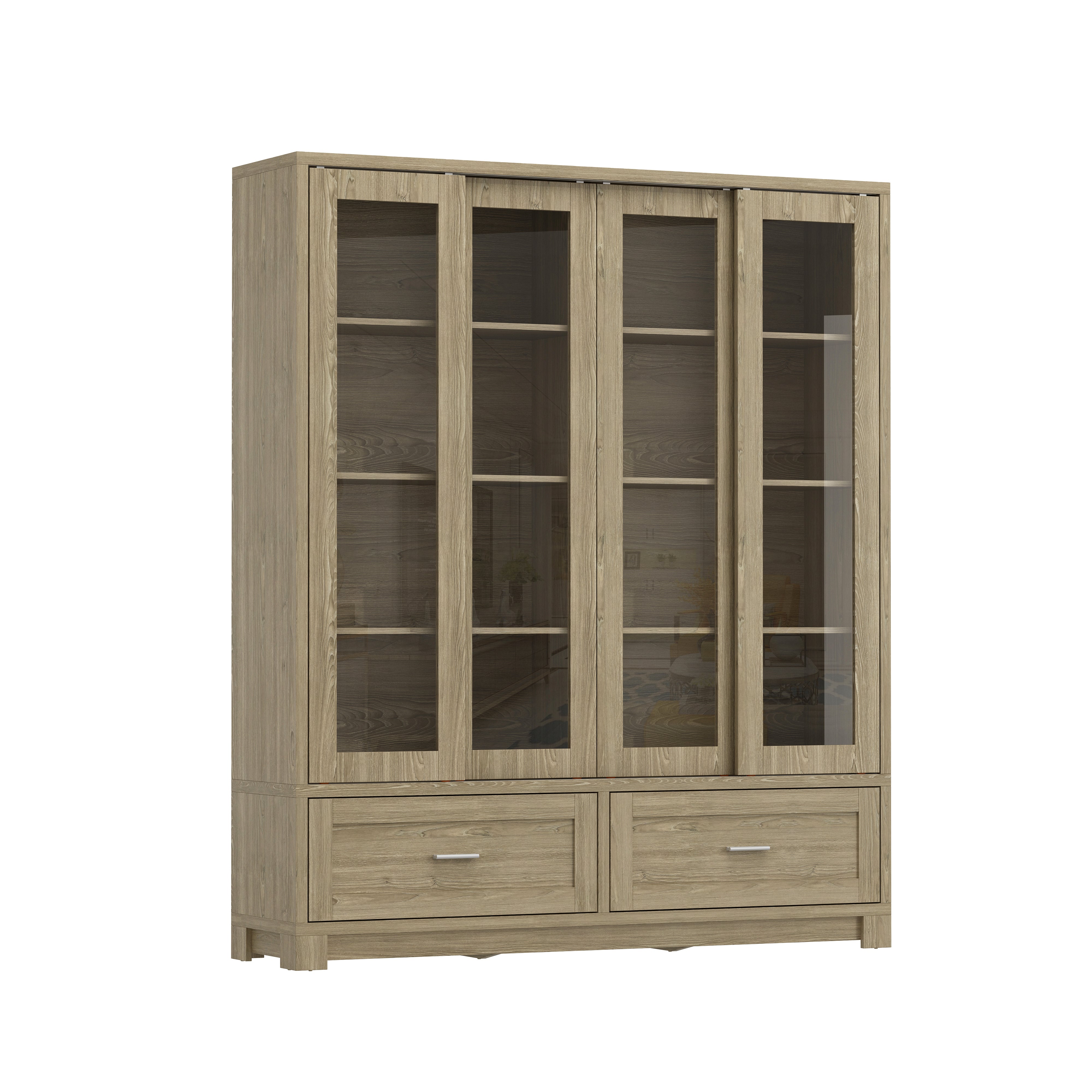 63 inches Modern Rustic Wood China Cabinet with 2 Drawers and 4 Sliding Glass Doors