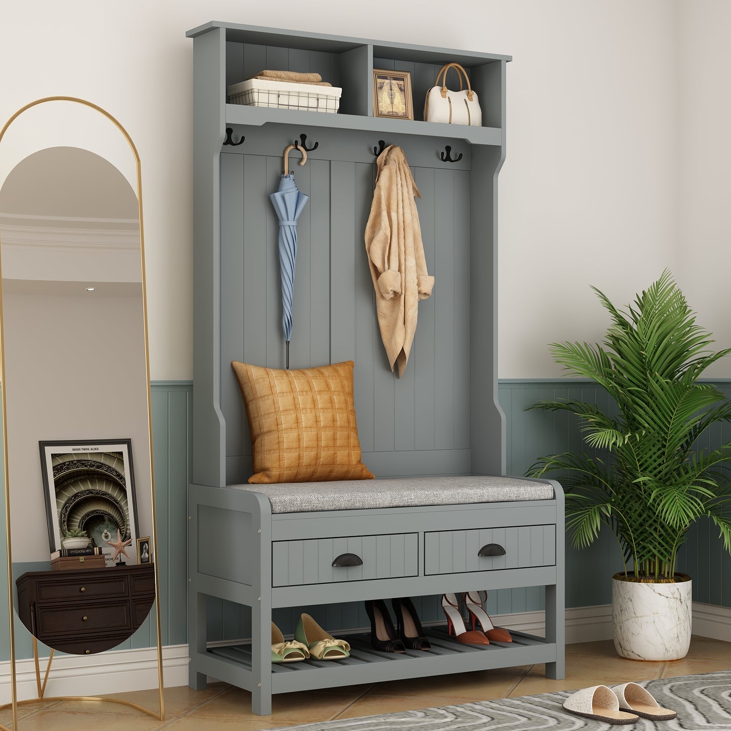 Modern Hall Tree with Storage Bench, 4-in-1 Entryway Bench with Coat Rack, Tall Hall Tree with 4 Metal Double Hooks, Shelves & 2 Drawers for Hallway, Living Room