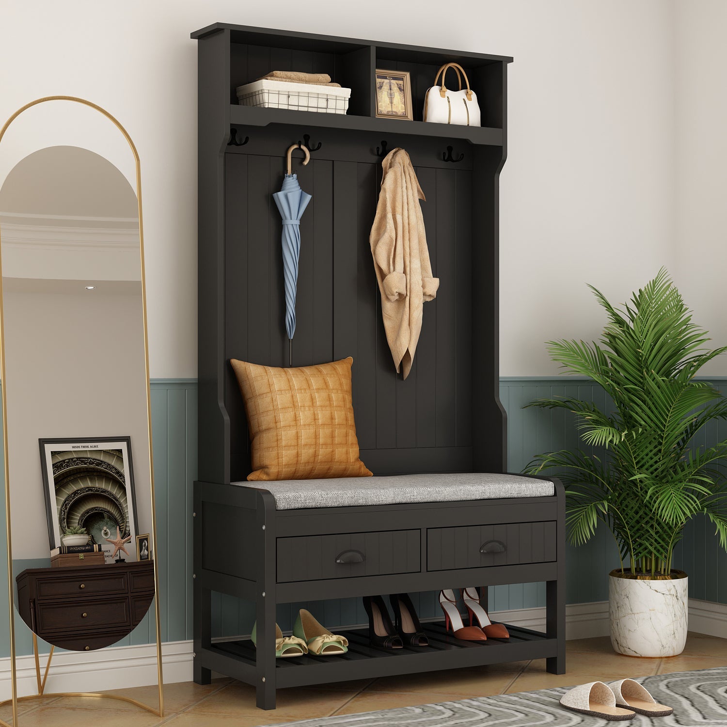 Modern Hall Tree with Storage Bench, 4-in-1 Entryway Bench with Coat Rack, Tall Hall Tree with 4 Metal Double Hooks, Shelves & 2 Drawers for Hallway, Living Room