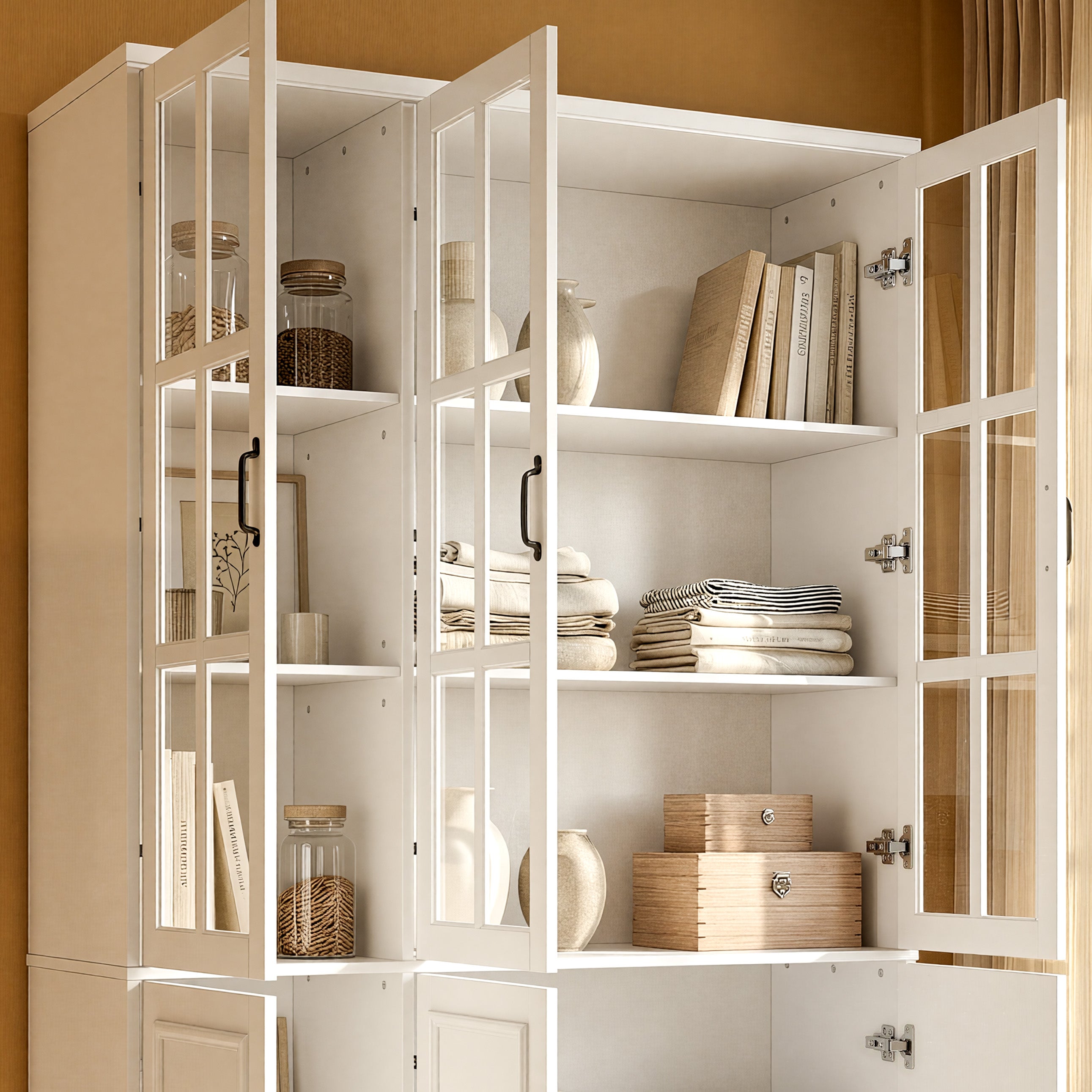 47.2 inches Modern White Freestanding Wood Bookcase with 3 Glass Doors