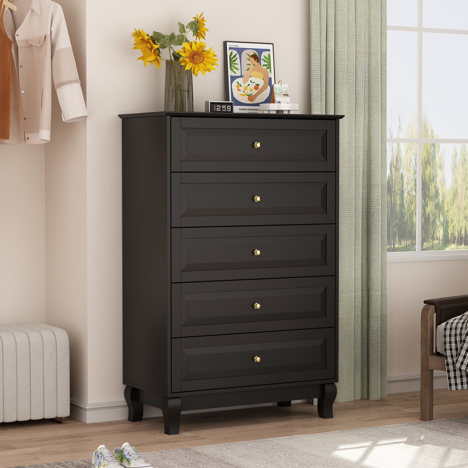 31.5 inches Modern Minimalist Black Modern Wood Cabinet Display Table Vertical 5-Drawer Dresser