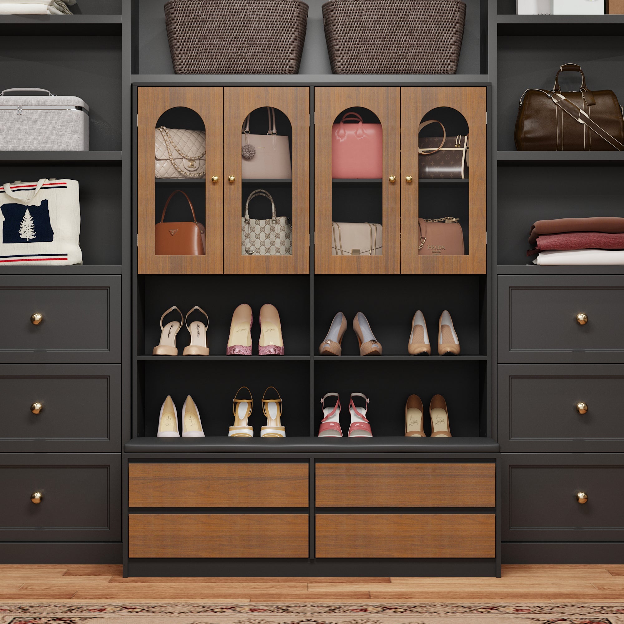 4 Glass Doors And 4 Drawers Closet System With Shoe Storage Bench