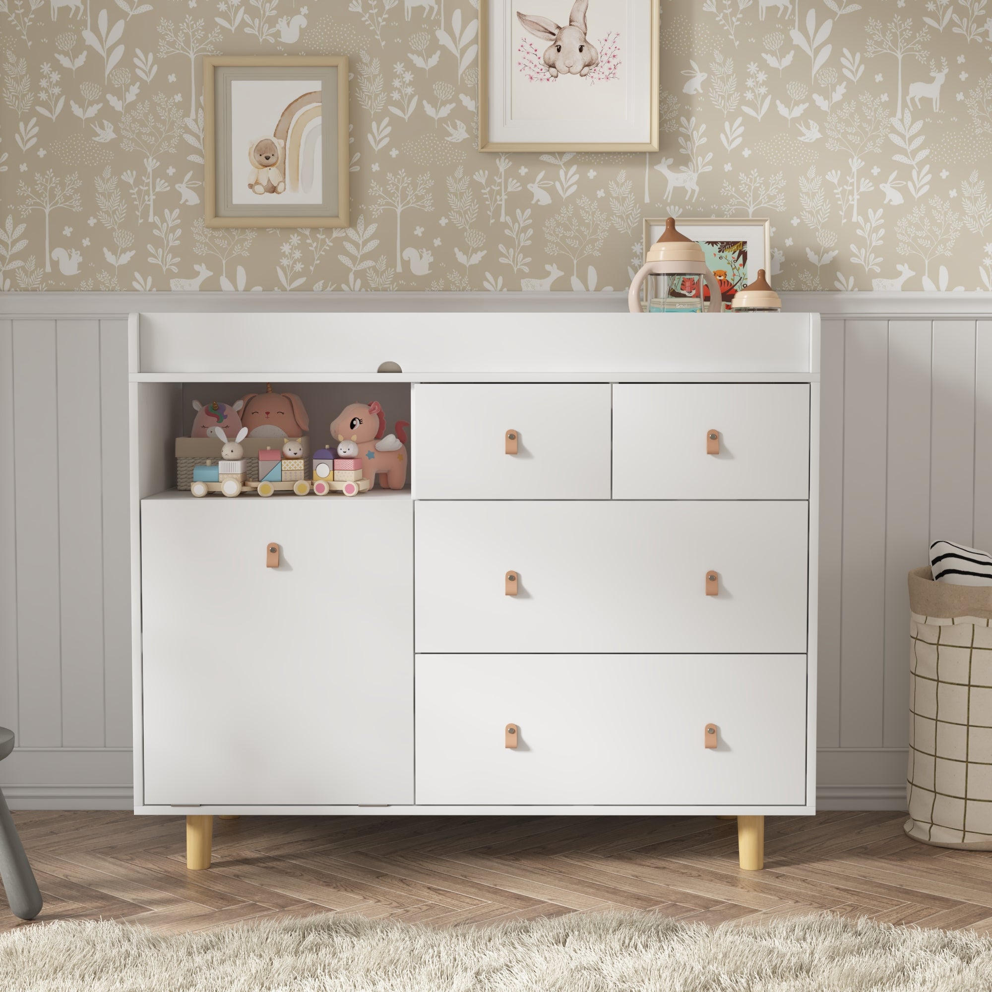 45 inch Modern White/Grey Changing Table Dresser with 4 Drawers and Op 45 inch Modern White/Grey Changing Table Dresser with 4 Drawers and Op