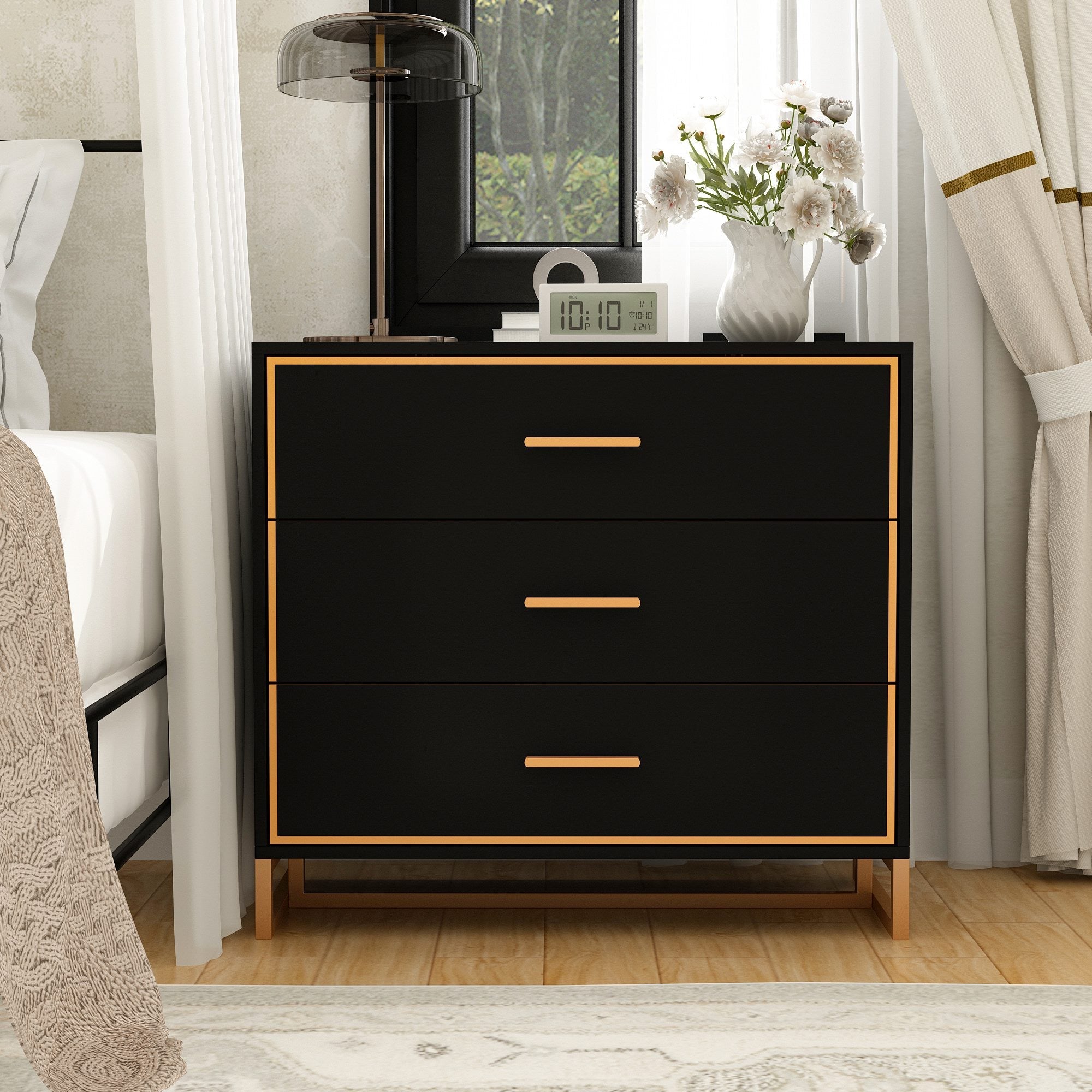 31.5 inches Modern Glam Black Rectangular Nightstand With 3 Drawers An 31.5 inches Modern Glam Black Rectangular Nightstand With 3 Drawers An