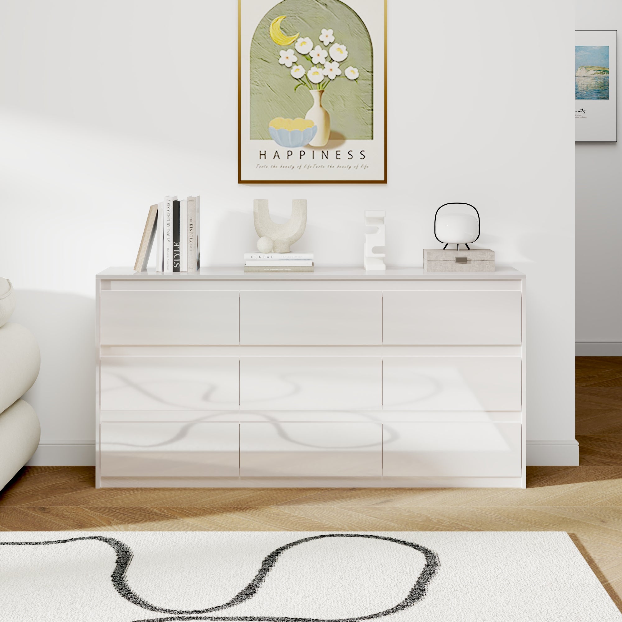 White 9-drawer dresser with minimalist design