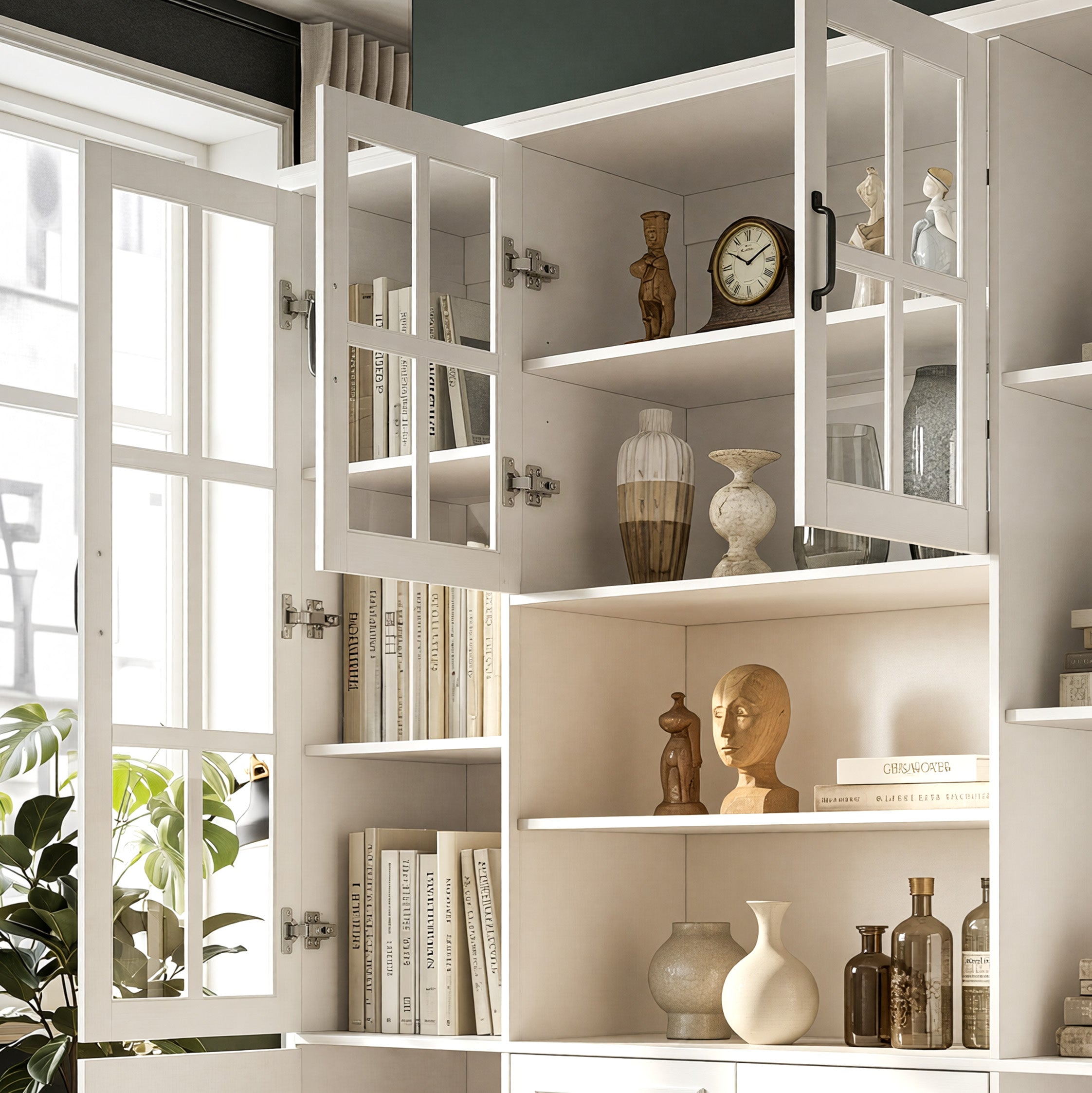 63 inches Modern White 2-Drawer Bookcase with Glass Doors