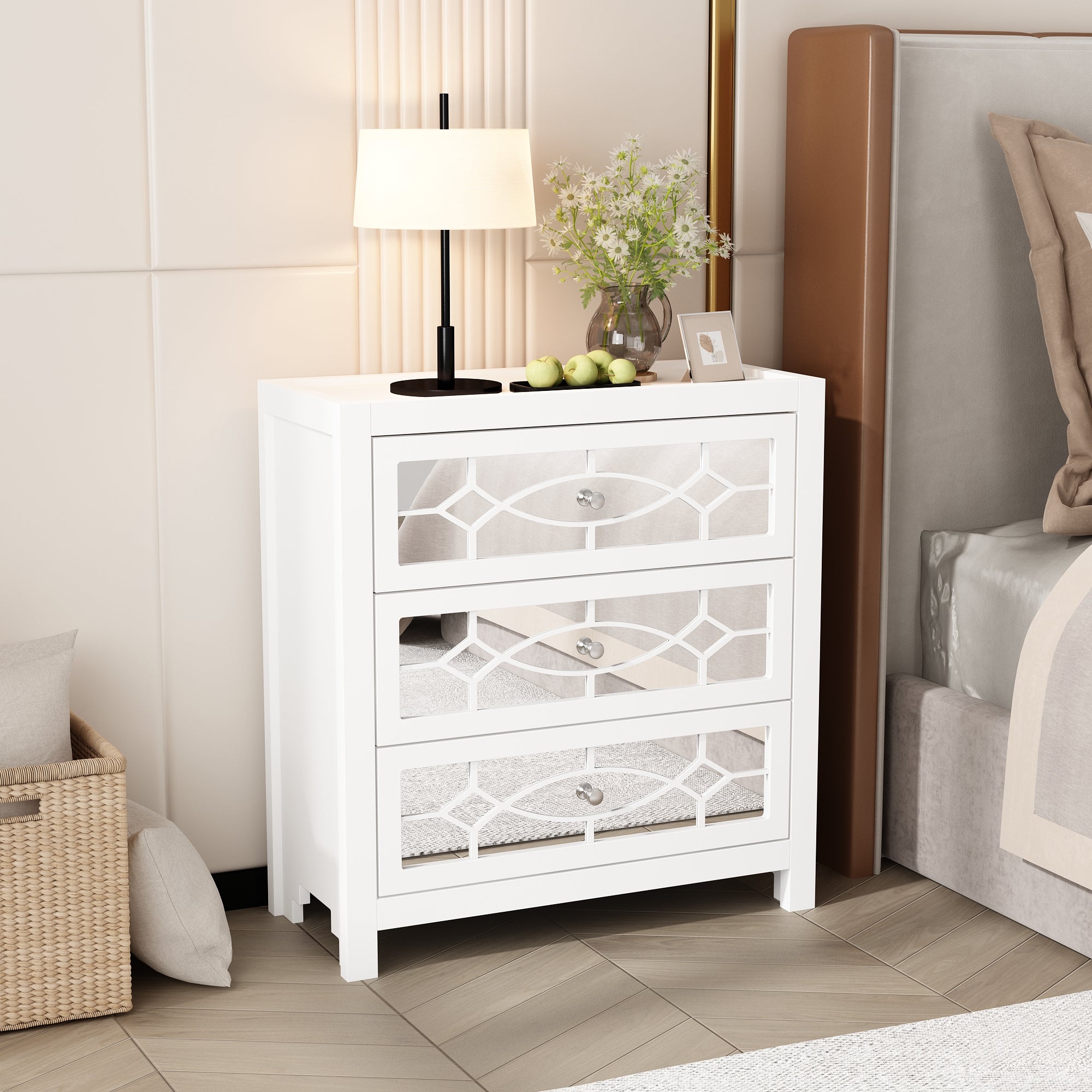 26'' Mirrored 3-Drawer Dresser with Geometric Pattern