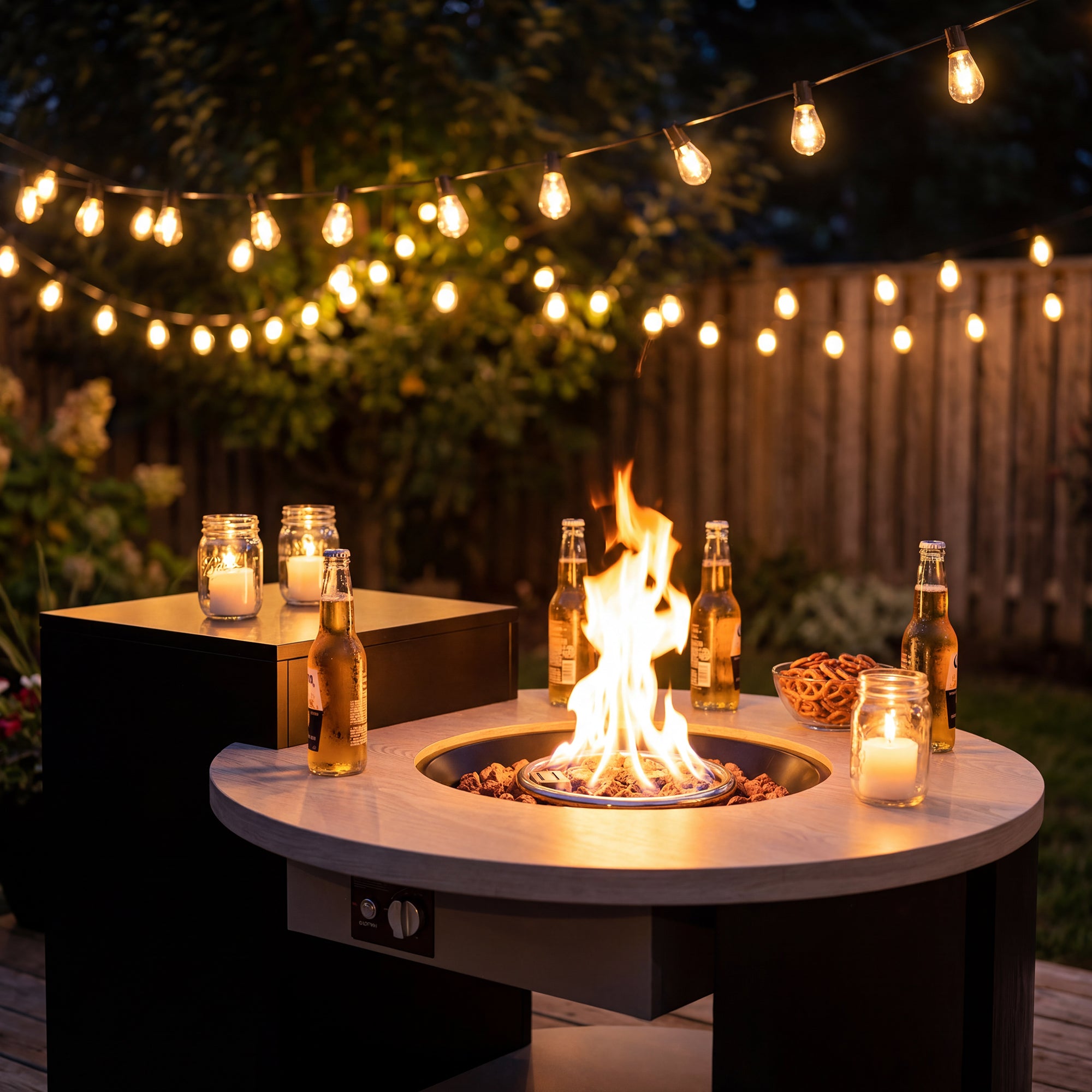 An outdoor fire pit table with a crackling fire, drinks, and snacks, set up on the balcony.