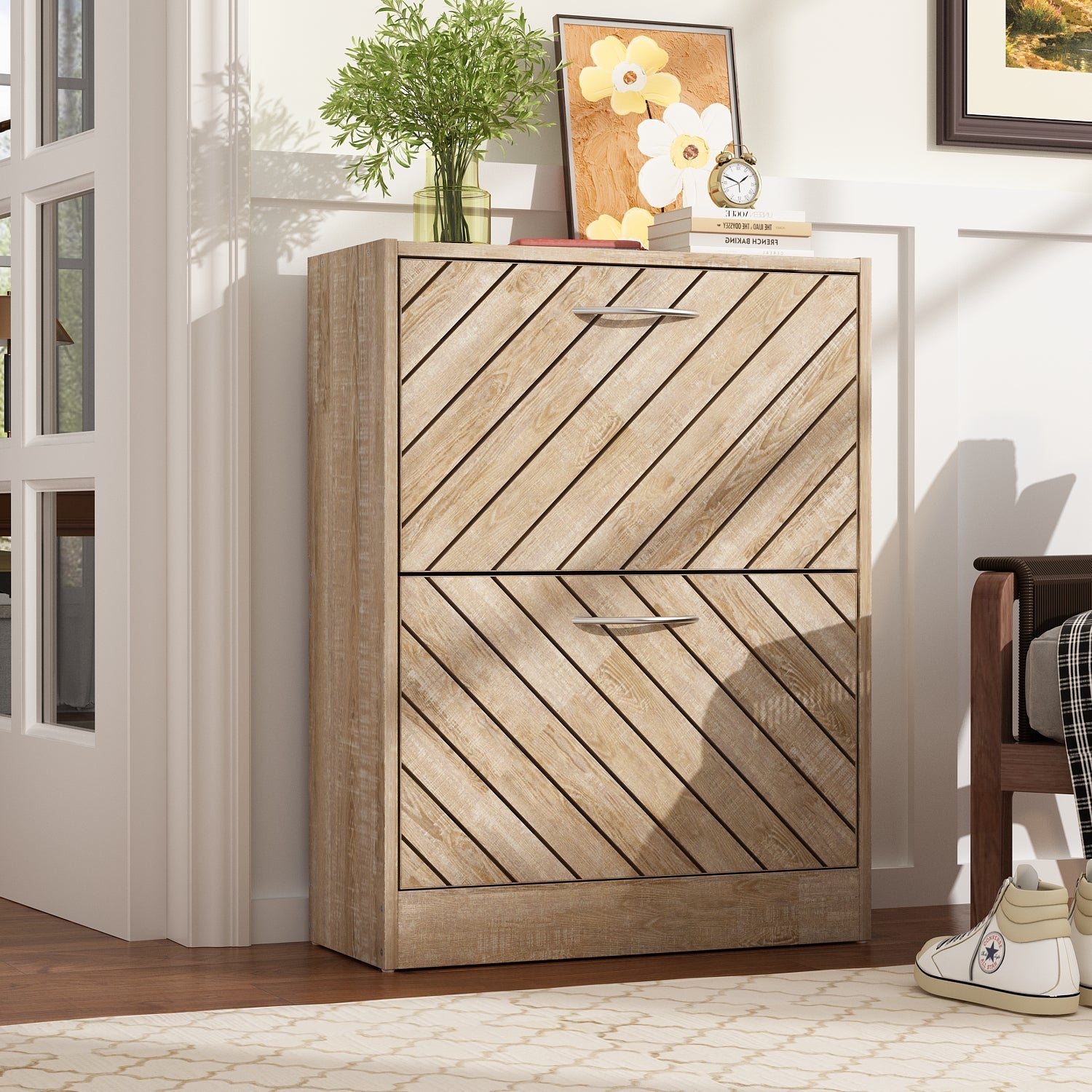 Rustic Shoe Organizer for Hallway Entryway Shoe Cabinet with 2 Flip Drawers