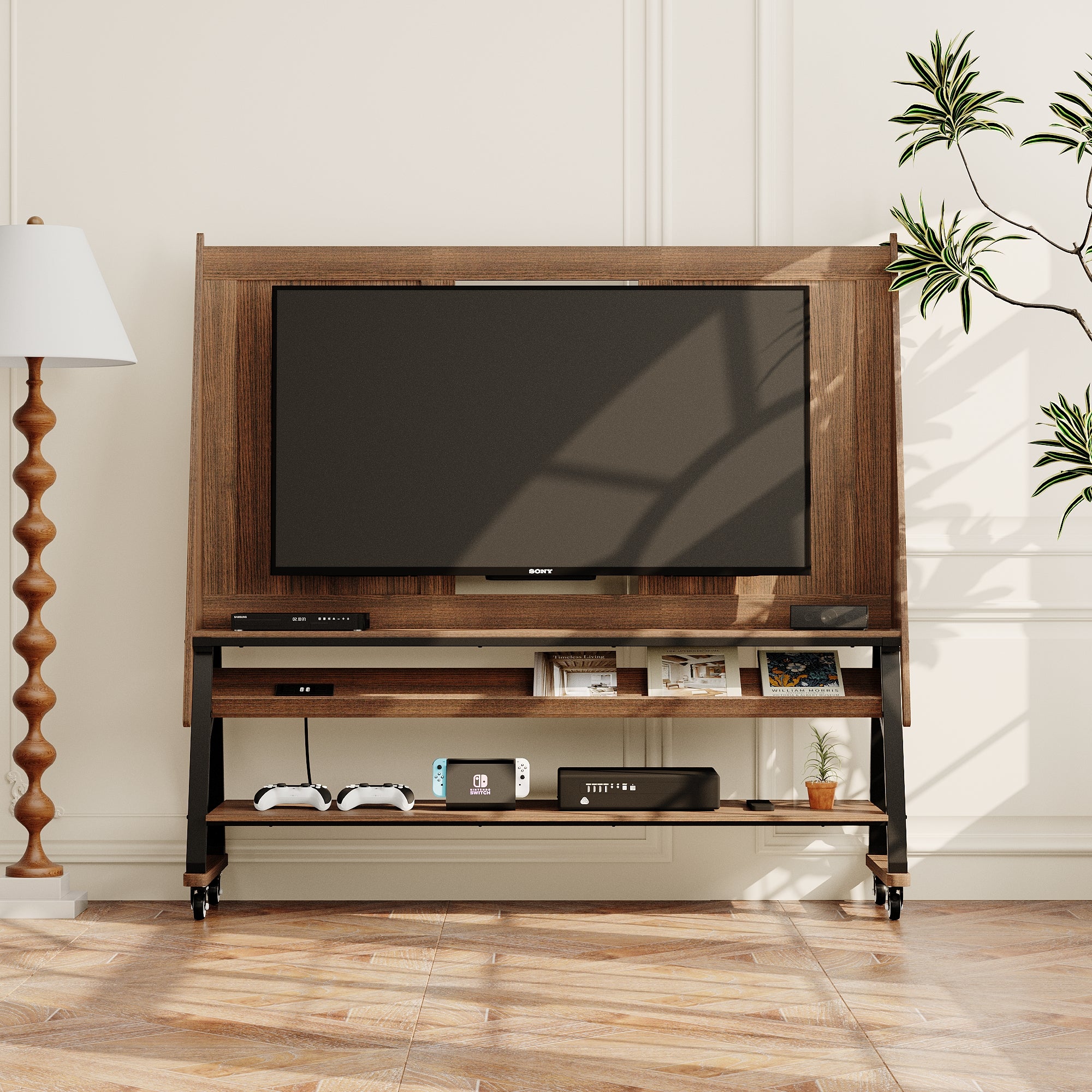 Brown TV stand with open shelves, black metal frame, and caster wheels