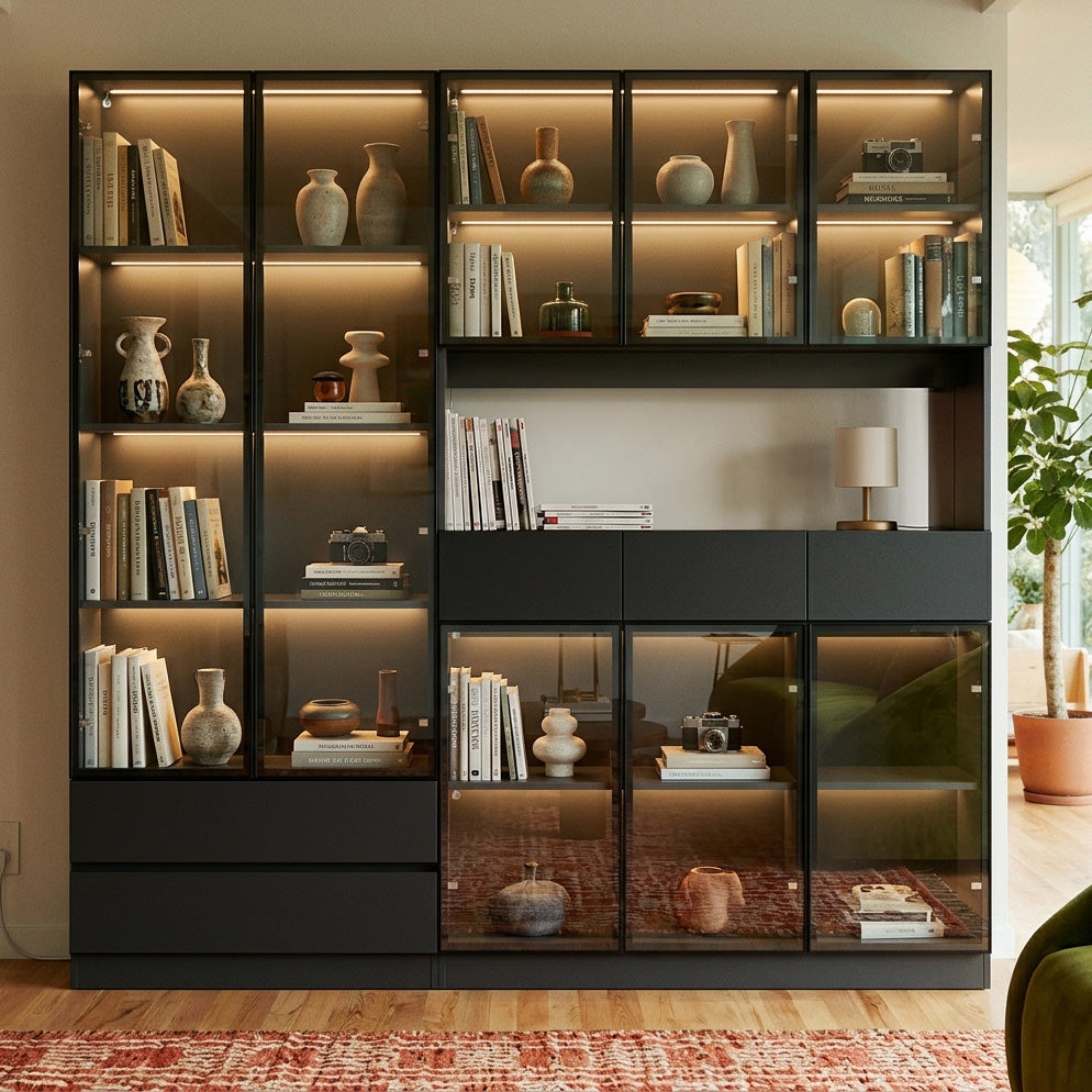 78.7" Large Bookcase with Glass Doors and 3-Color Changing LED Lights