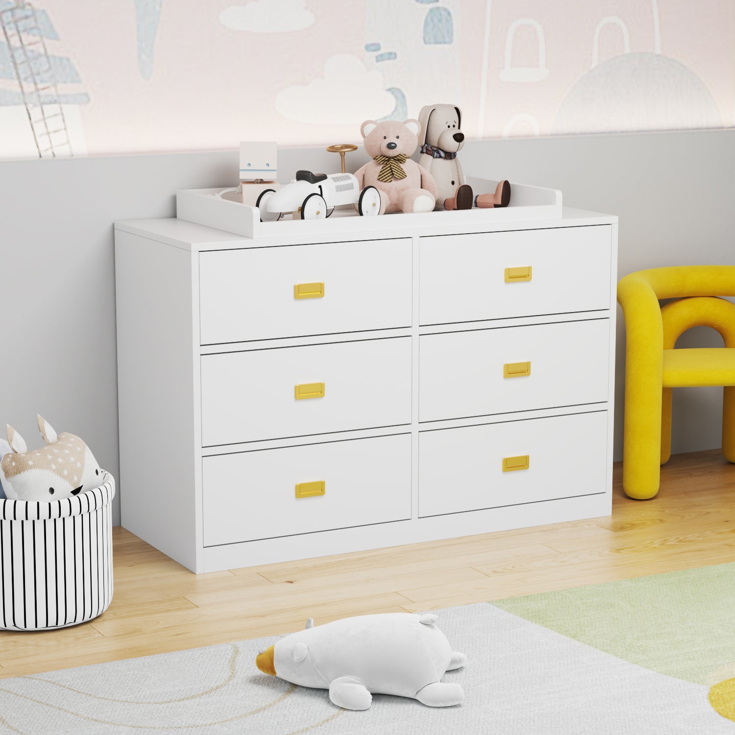 Changing Table Nursery Dresser Nontoxic Sideboard in White Finish with 6 Drawers