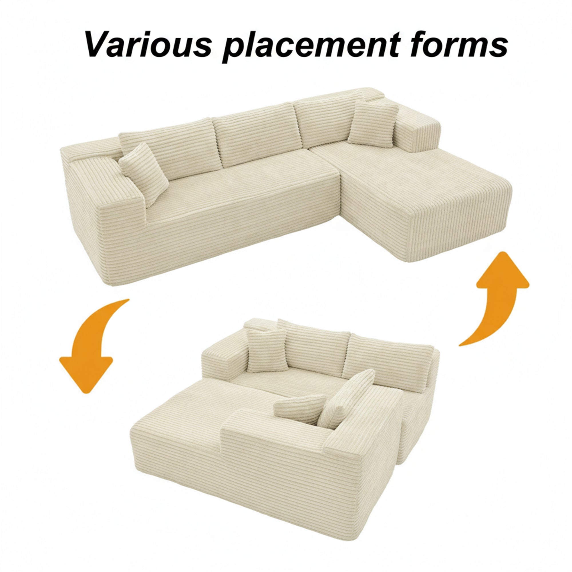 106" Contemporary L-shaped Upholstered Arm Sofa Chaise with Two Pillows