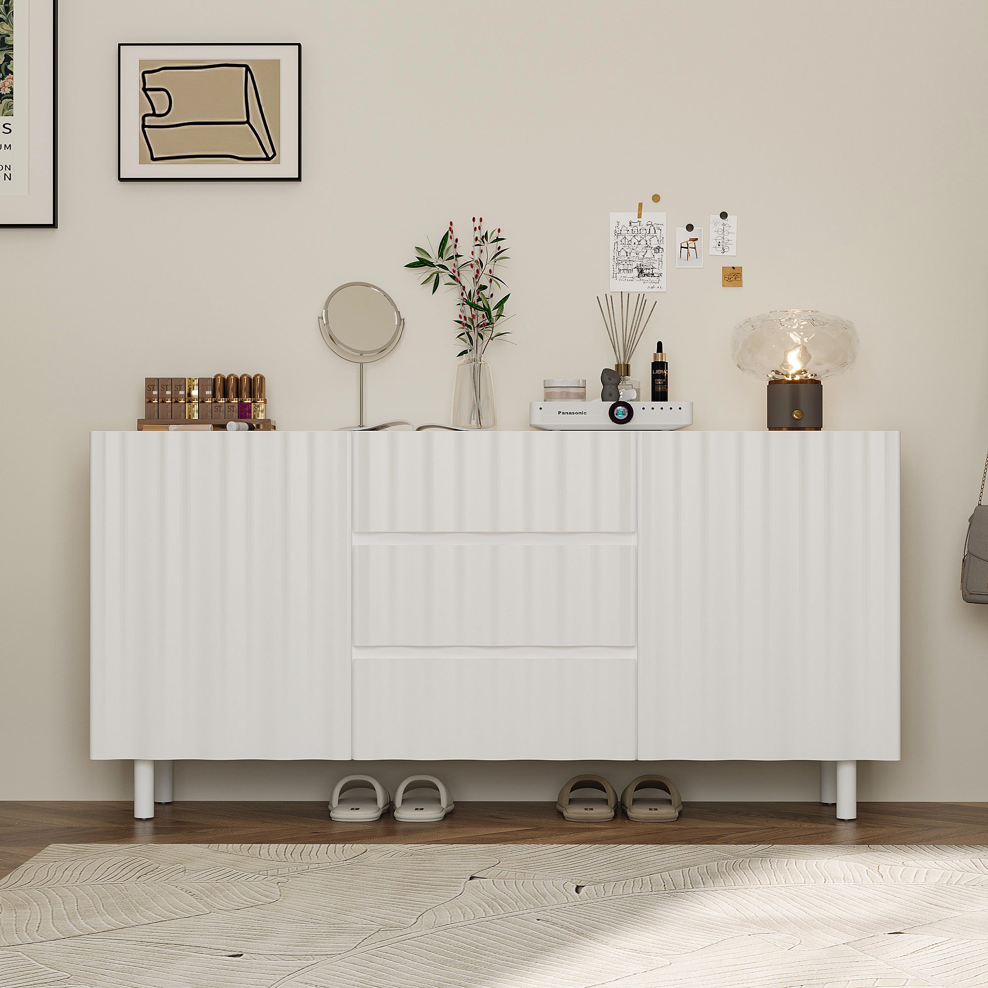 61" Wide White Accent Cabinet With 3 Drawers & 2 Doors