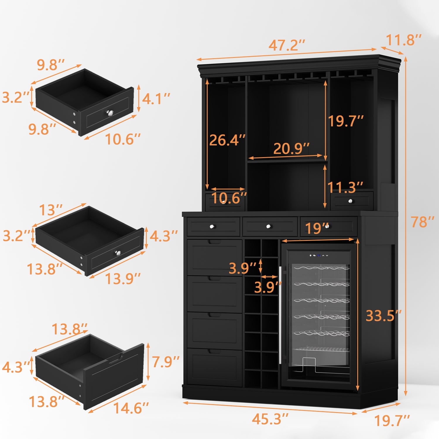Black cabinet with dimensions labeled on a white background