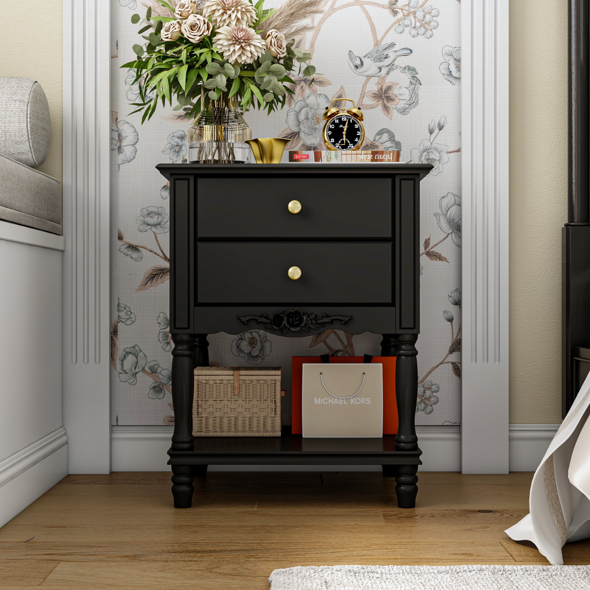 End Table Side Table Bedroom Night Stand Bedside Embossed Table with 2 Drawers & Open Shelf