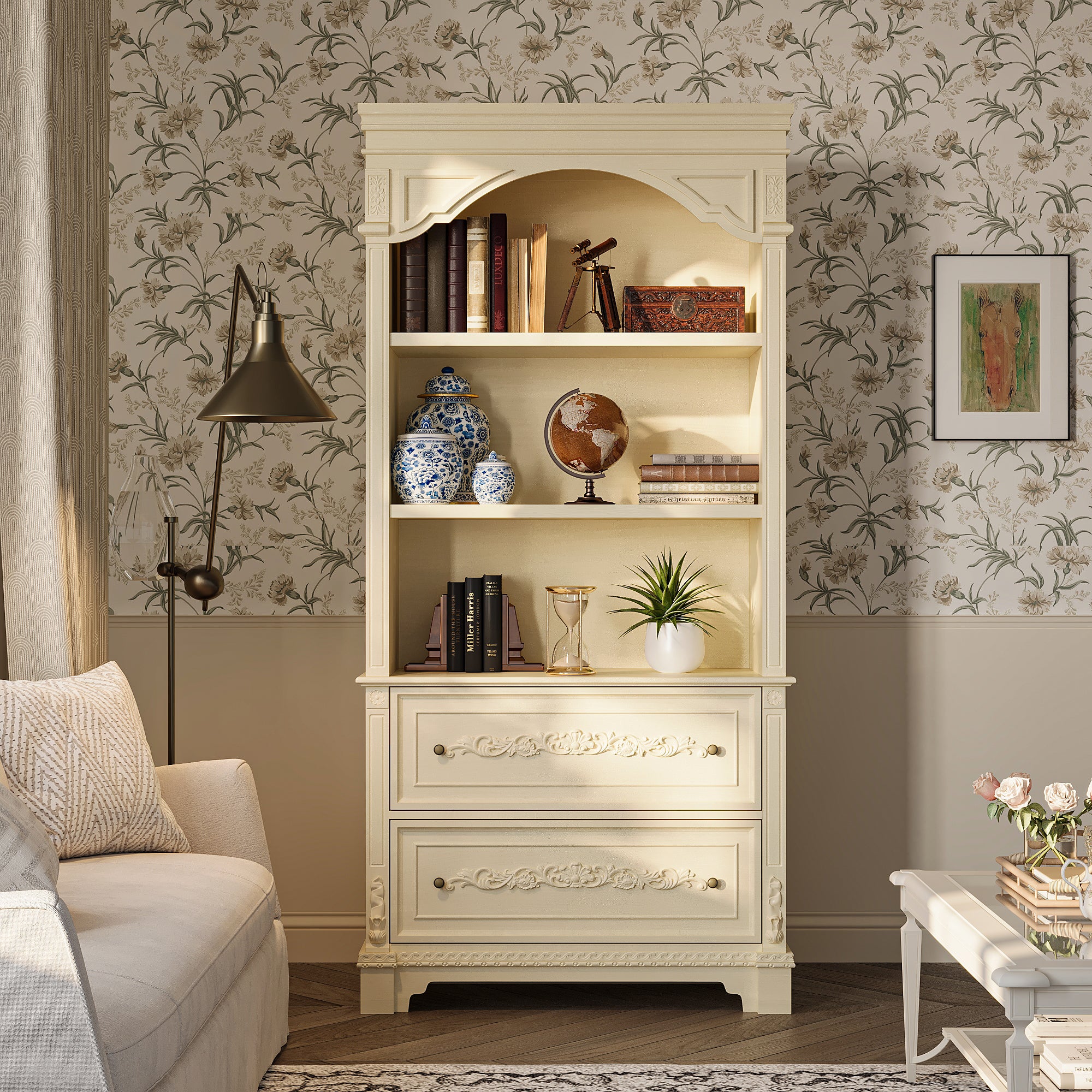 Elegant Display Cabinet With 3 Open Shelves & 2 Carved Drawers