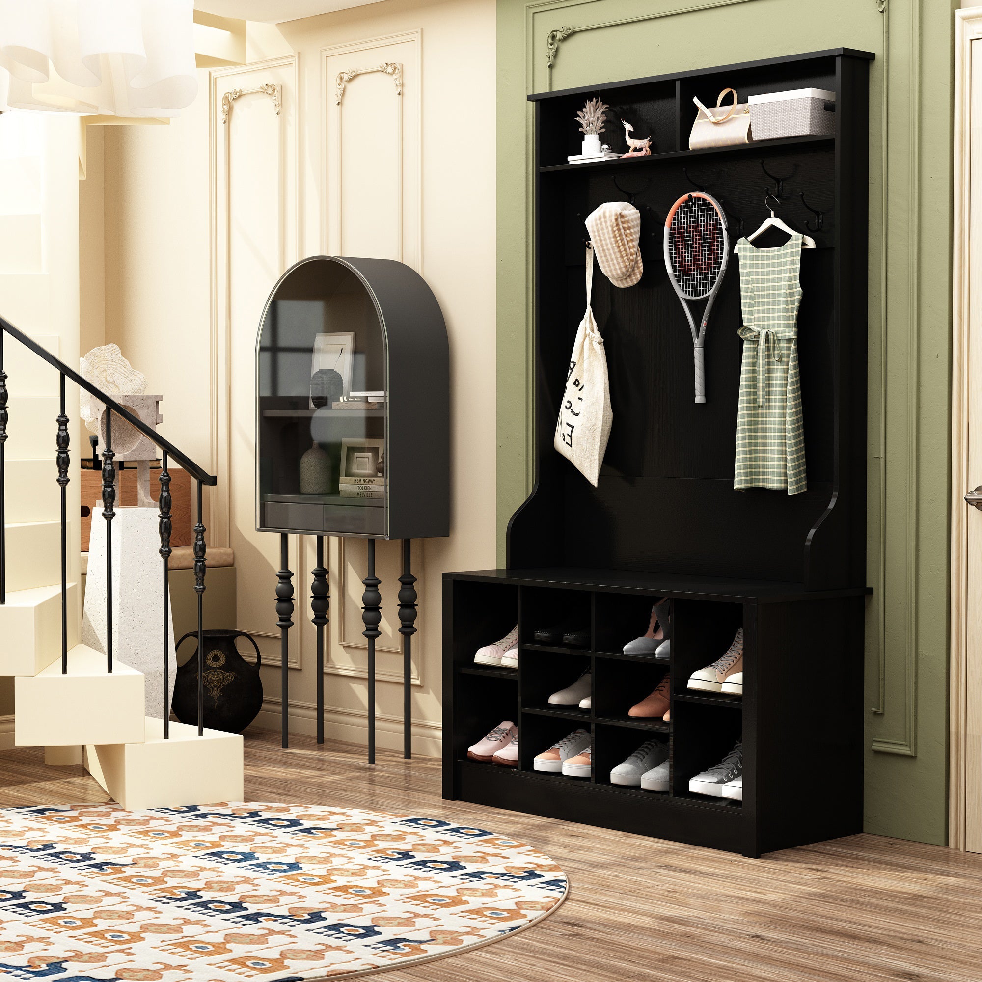 Hall Tree Shoe Storage Rack Bench Cabinet with Hooks for Entryway