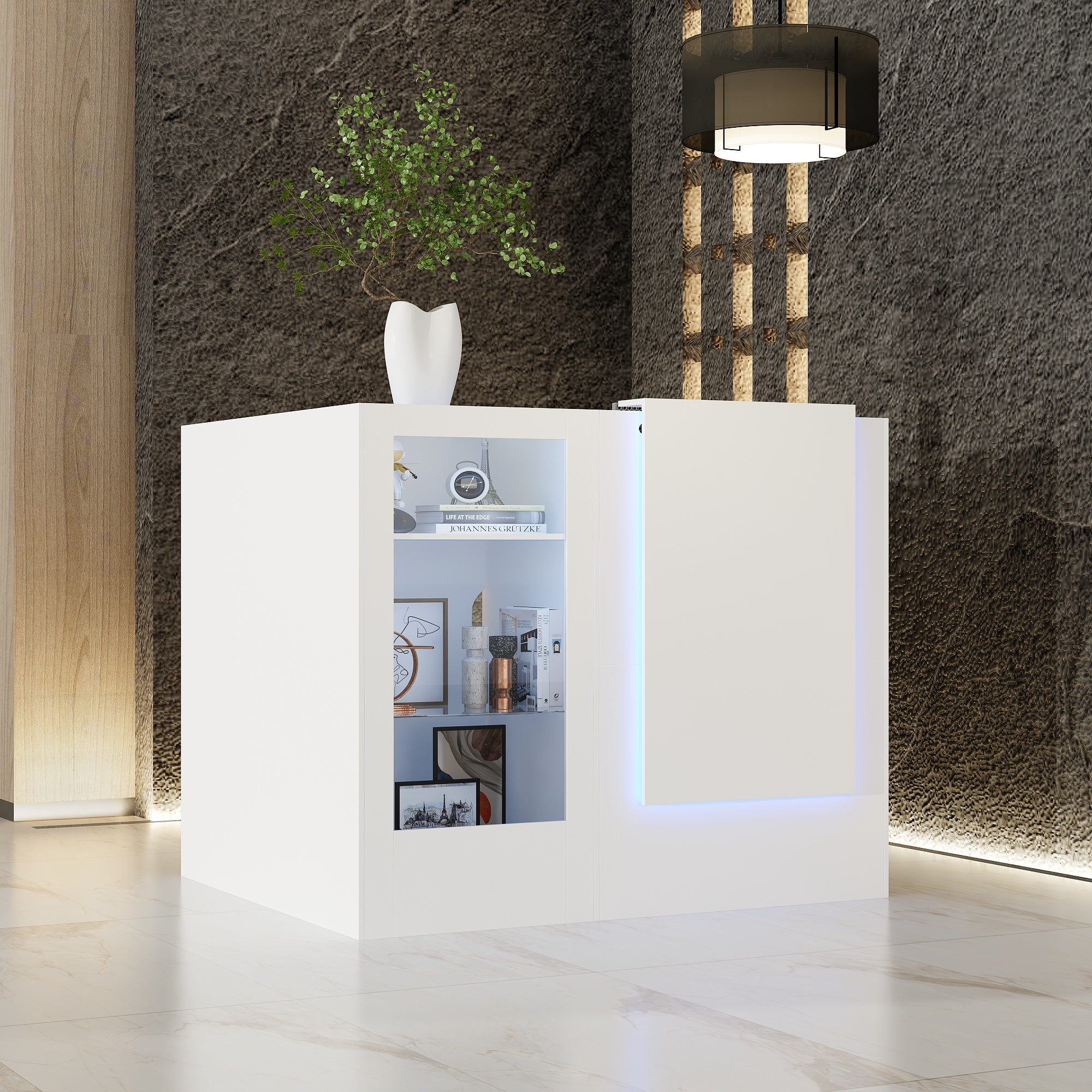 Modern LED Reception Desk With Open Shelving And Storage Compartments