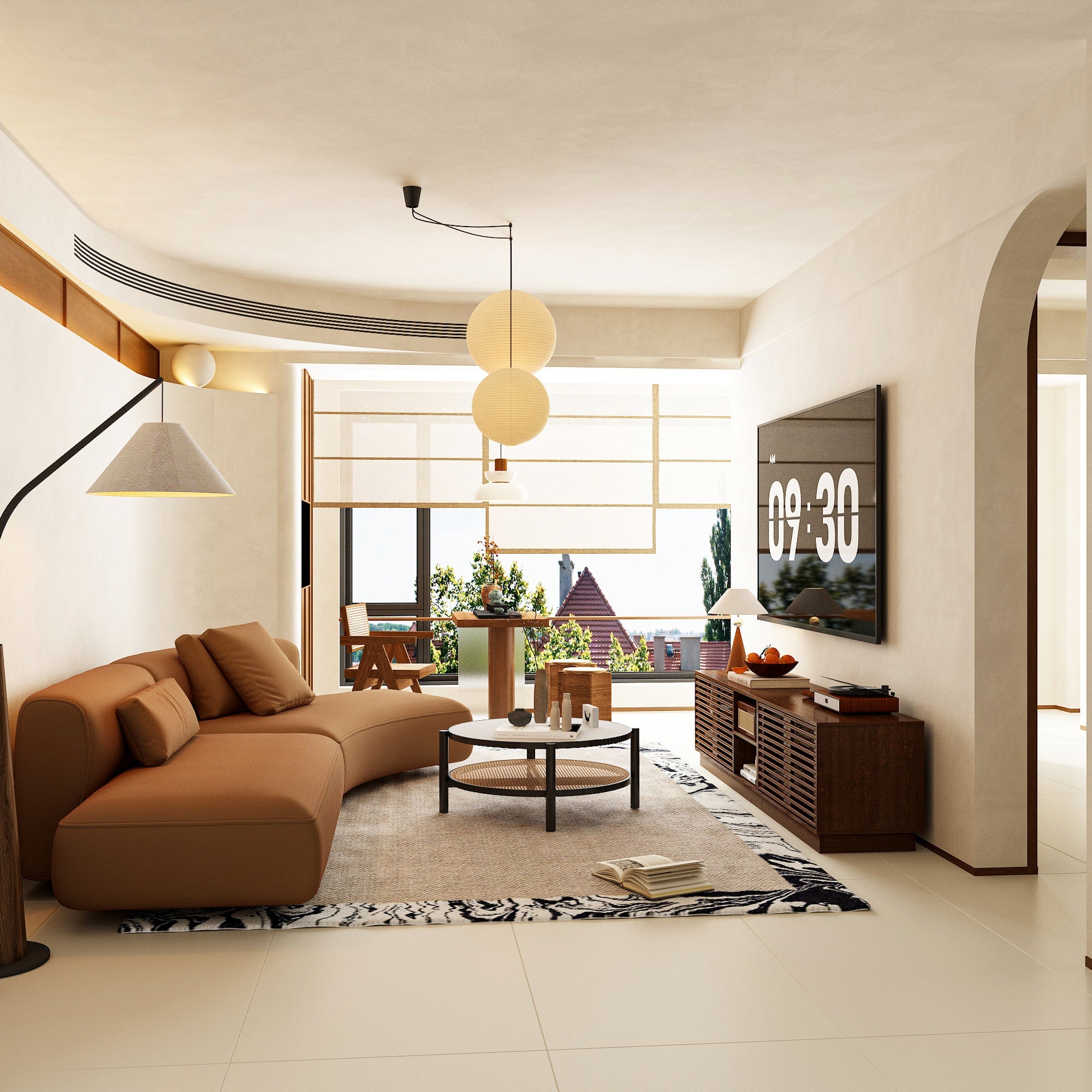 Mid-Century Modern TV Stand With Slatted Doors, Open Shelves, And Cable Management