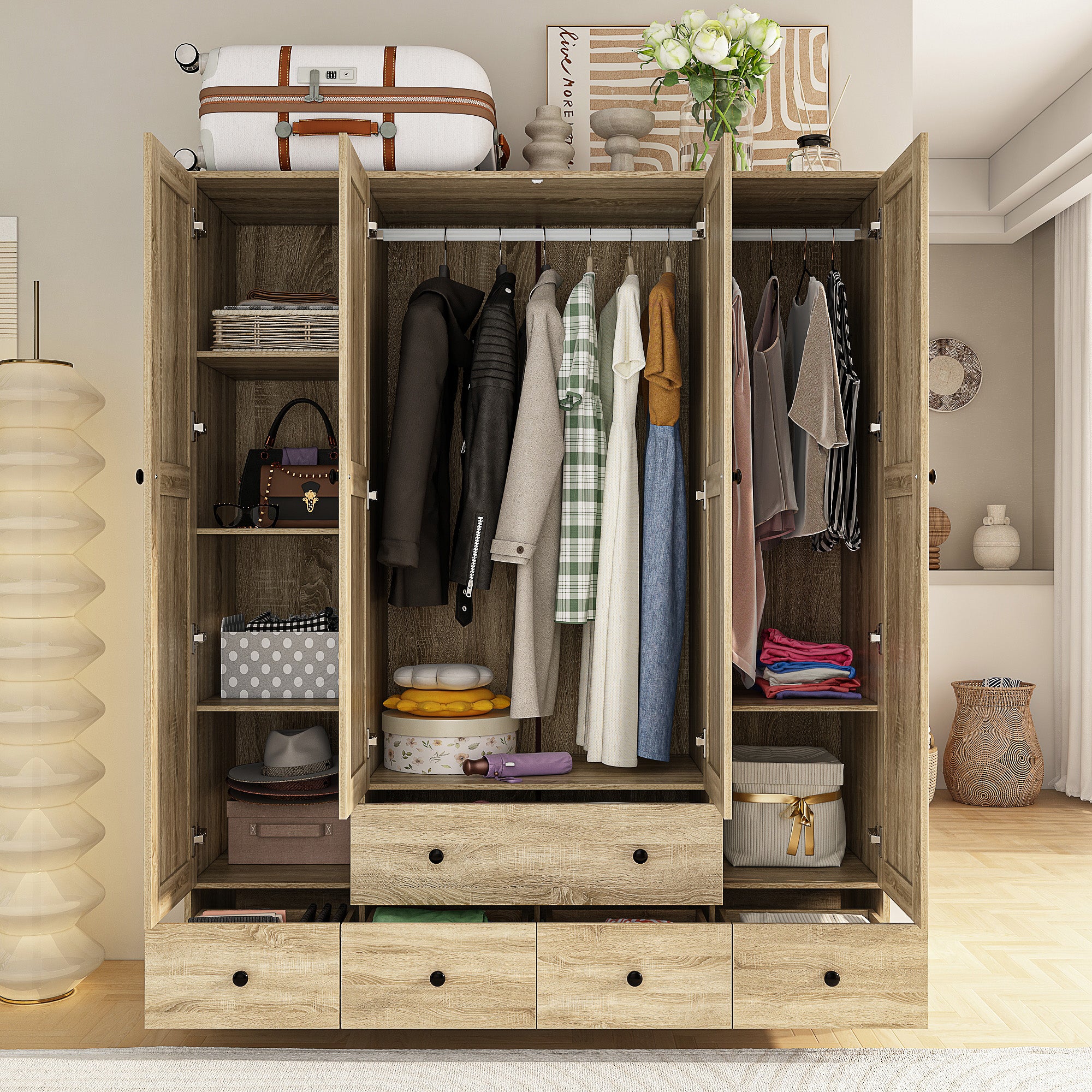 Rustic Four-Door Wardrobe With Rattan Paneling And Six-Drawer Storage