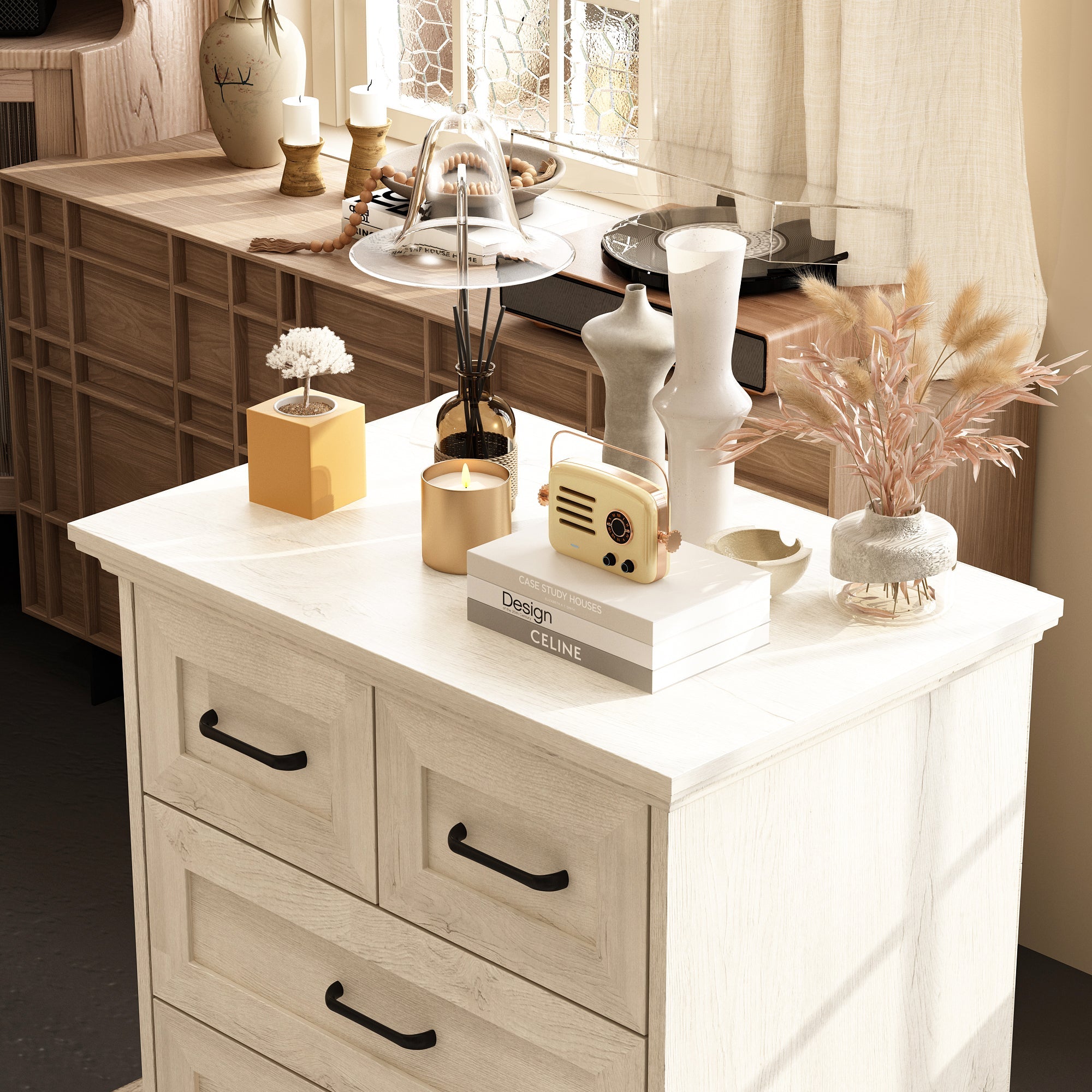 Modern Rustic Accent Chest With Four Drawers, Black Metal Handles – Distressed Light Oak