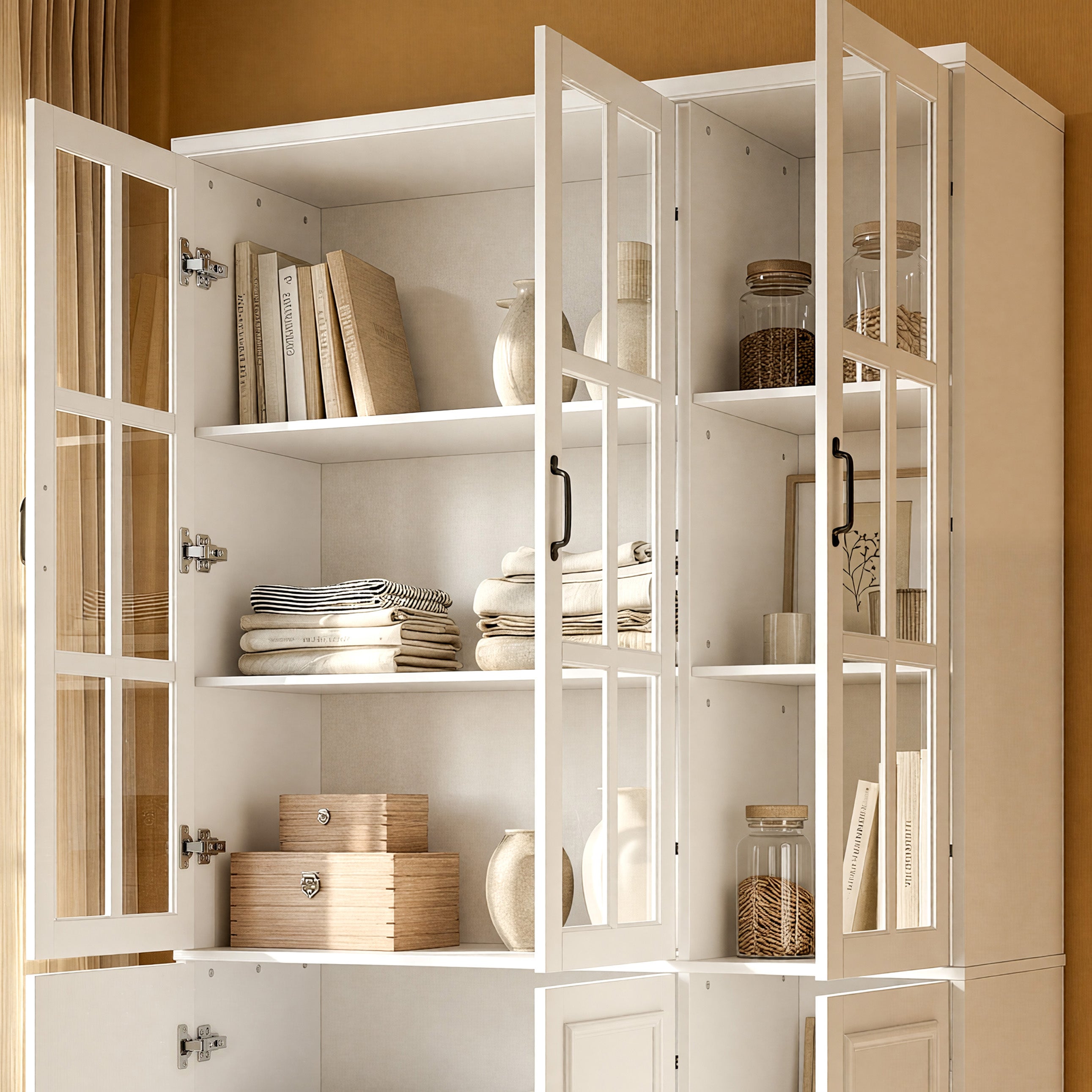 47.2 inches Modern White Freestanding Wood Bookcase with 3 Glass Doors