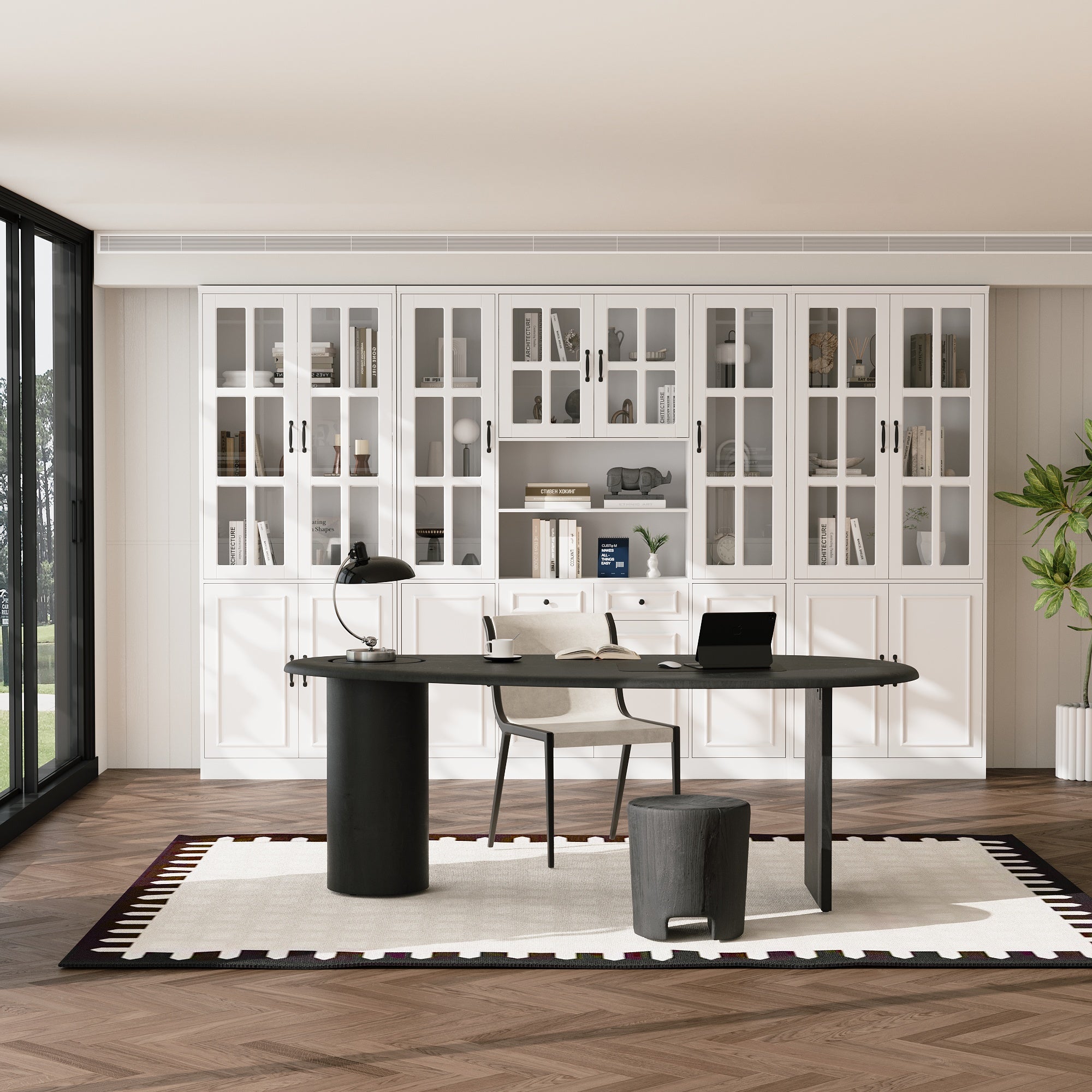 White bookcase set with glass doors, lower cabinets, and center open shelves