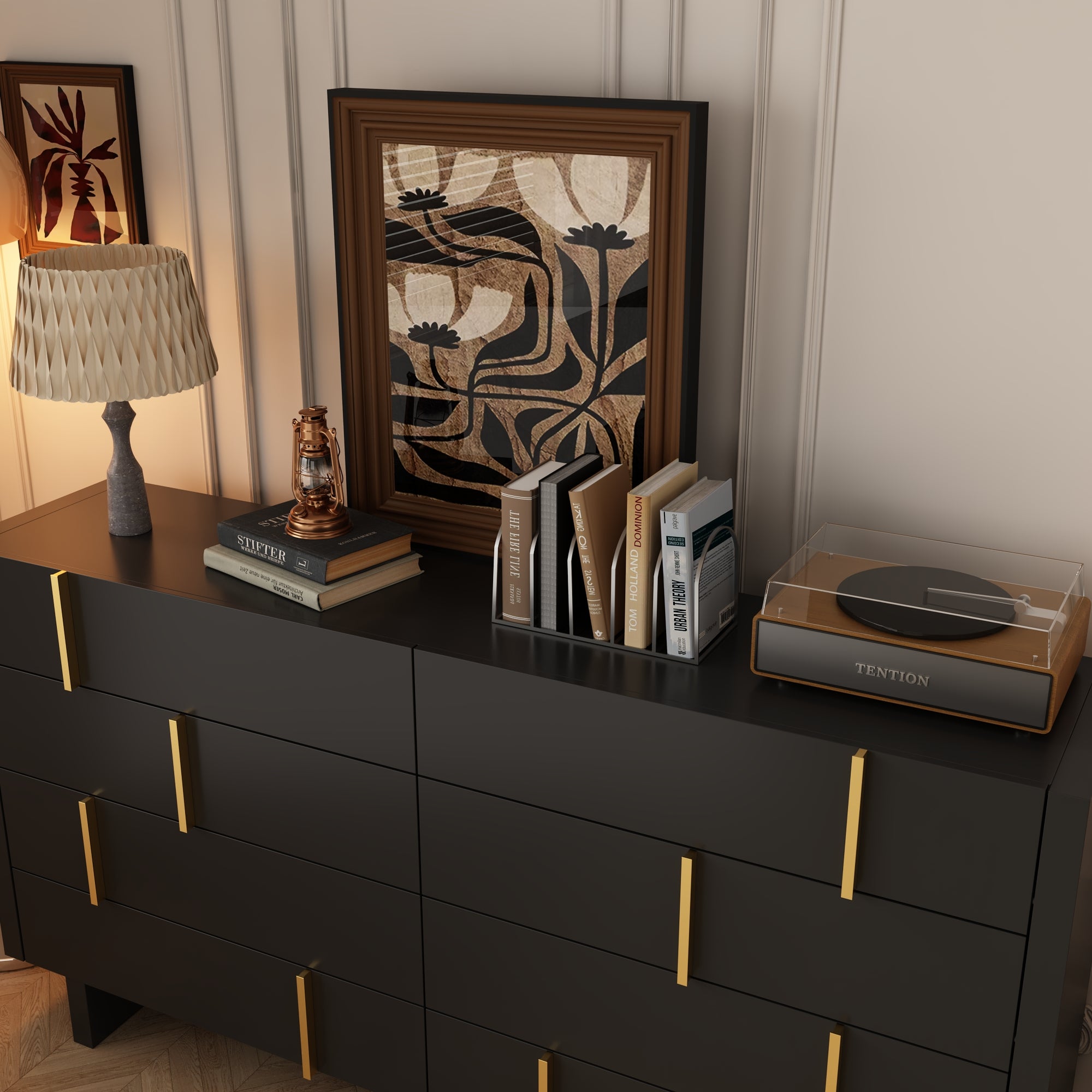 70.9 inches Modern Black Dresser With 8 Drawers And Gold Accents