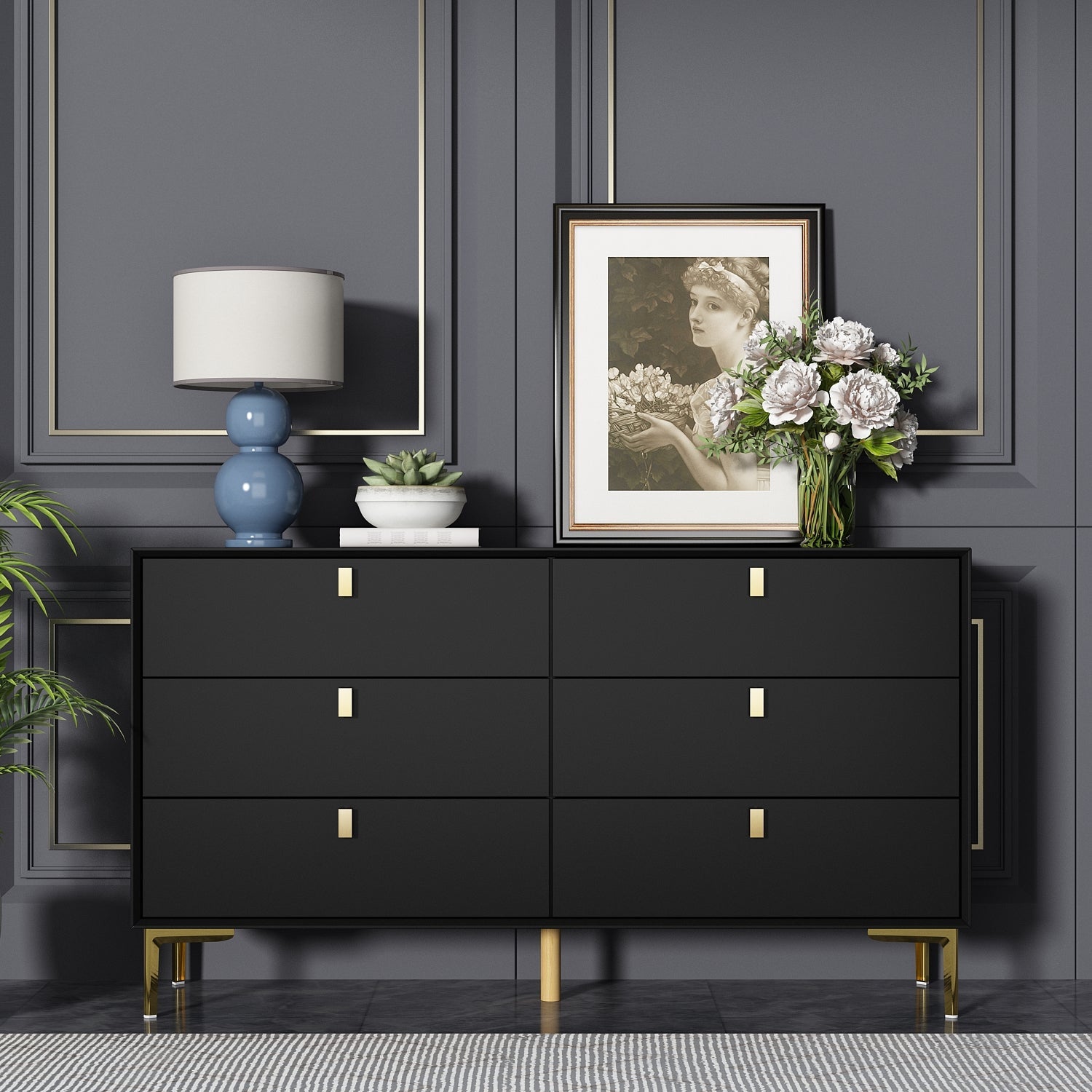 55.1 inches Modern Minimalist White/Black 6-Drawer Dresser Buffet Side