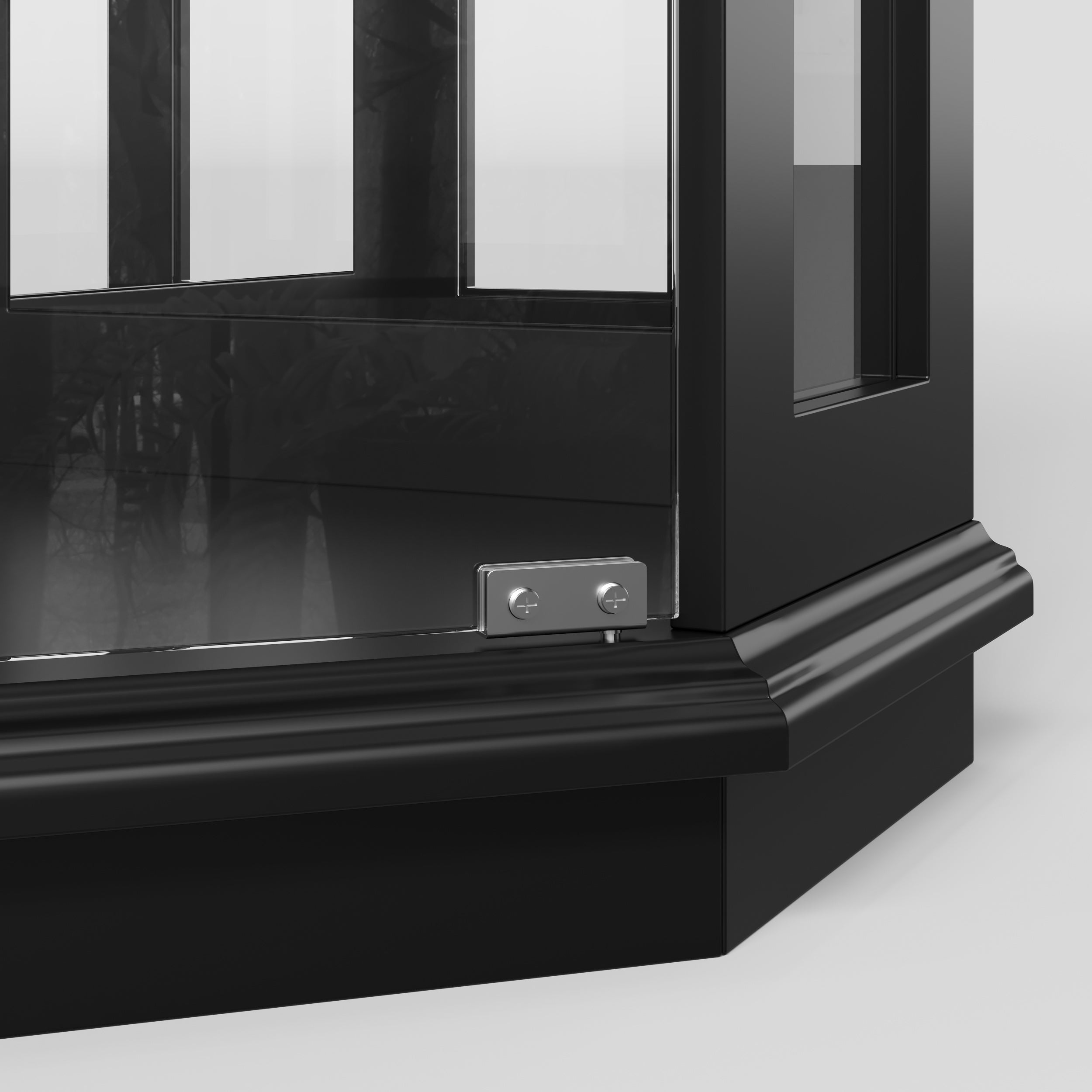 Black tall display cabinet with glass doors and center drawer