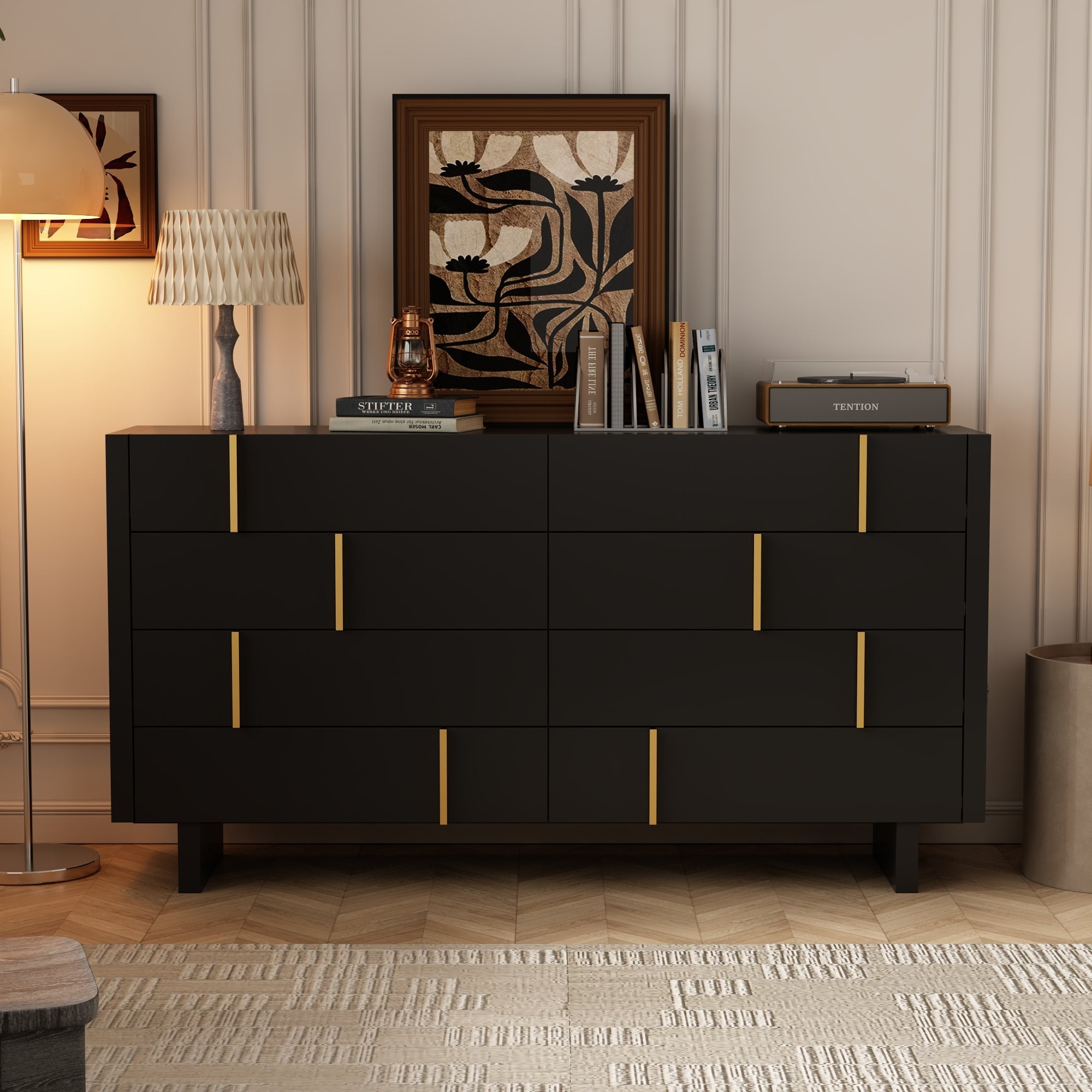 gold and black dresser 70.9 inches Modern Black Dresser With 8 Drawers And Gold Accents