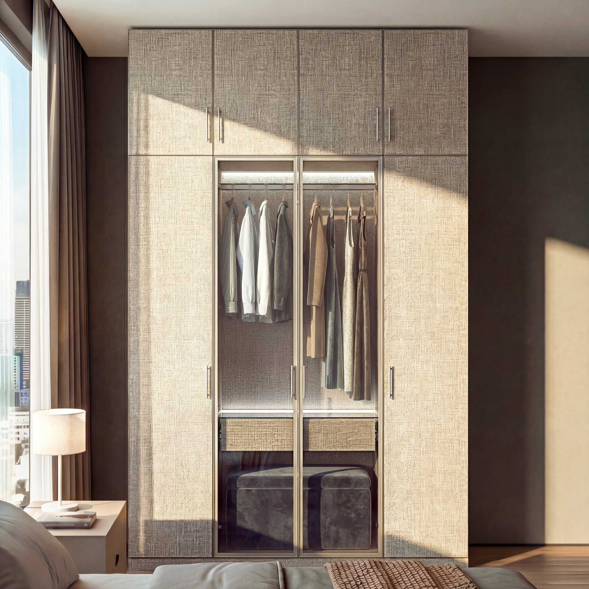 Beige wardrobe cabinet with glass doors, hanging rods, and top cabinets