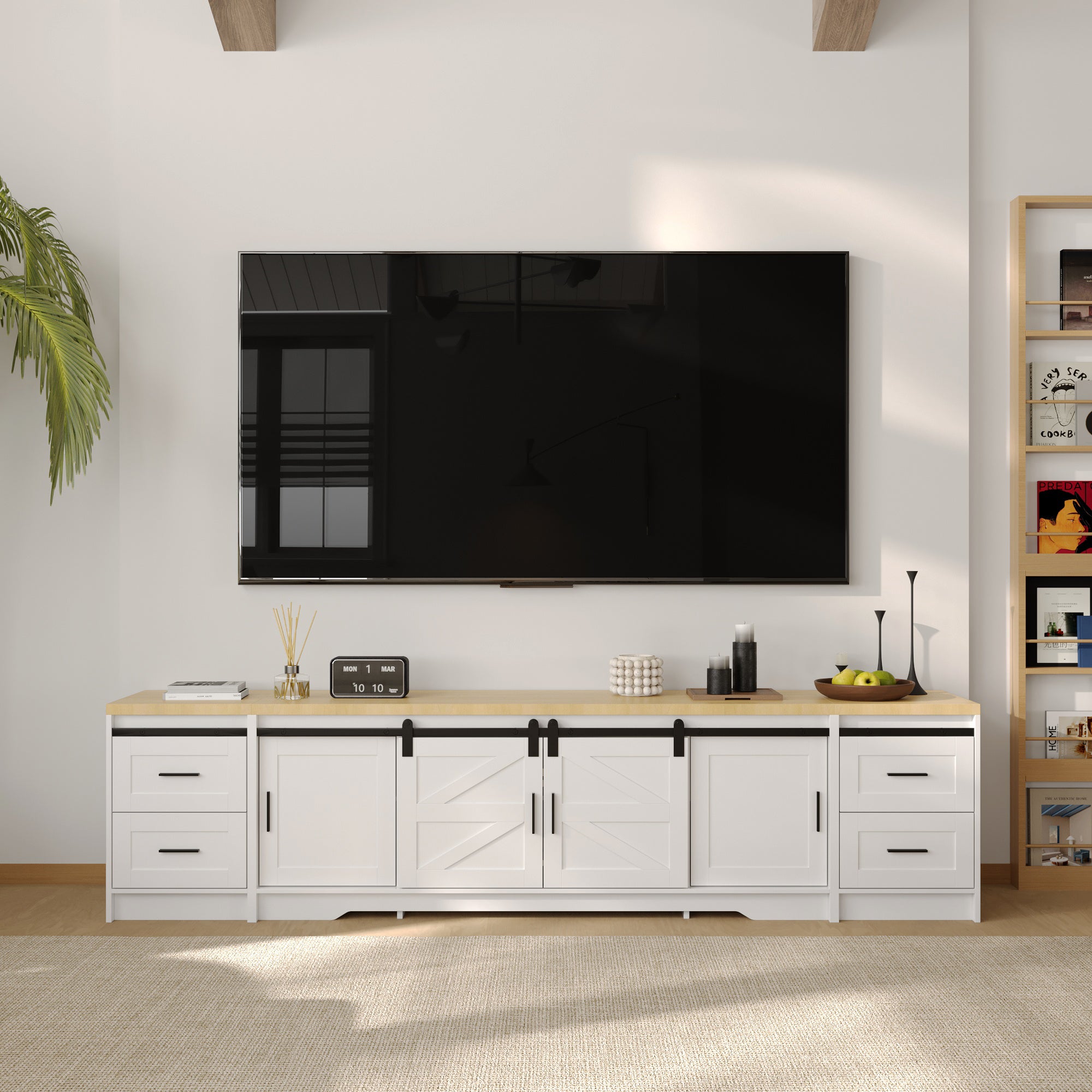94.5 inches Modern White Extra Long Barn Door TV Stand with 4 Drawers, Sliding Doors and Adjustable Shelves