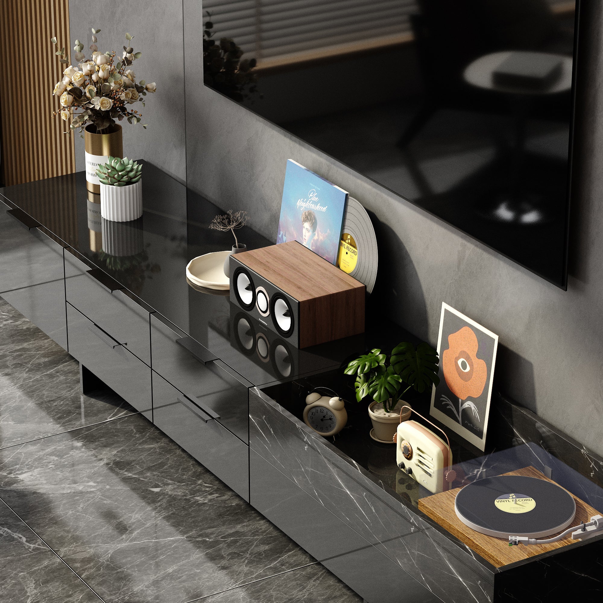 78.7'' W 5-Drawer High-Gloss Surface TV Stand Media Center With Stone Texture Design Groove Storage