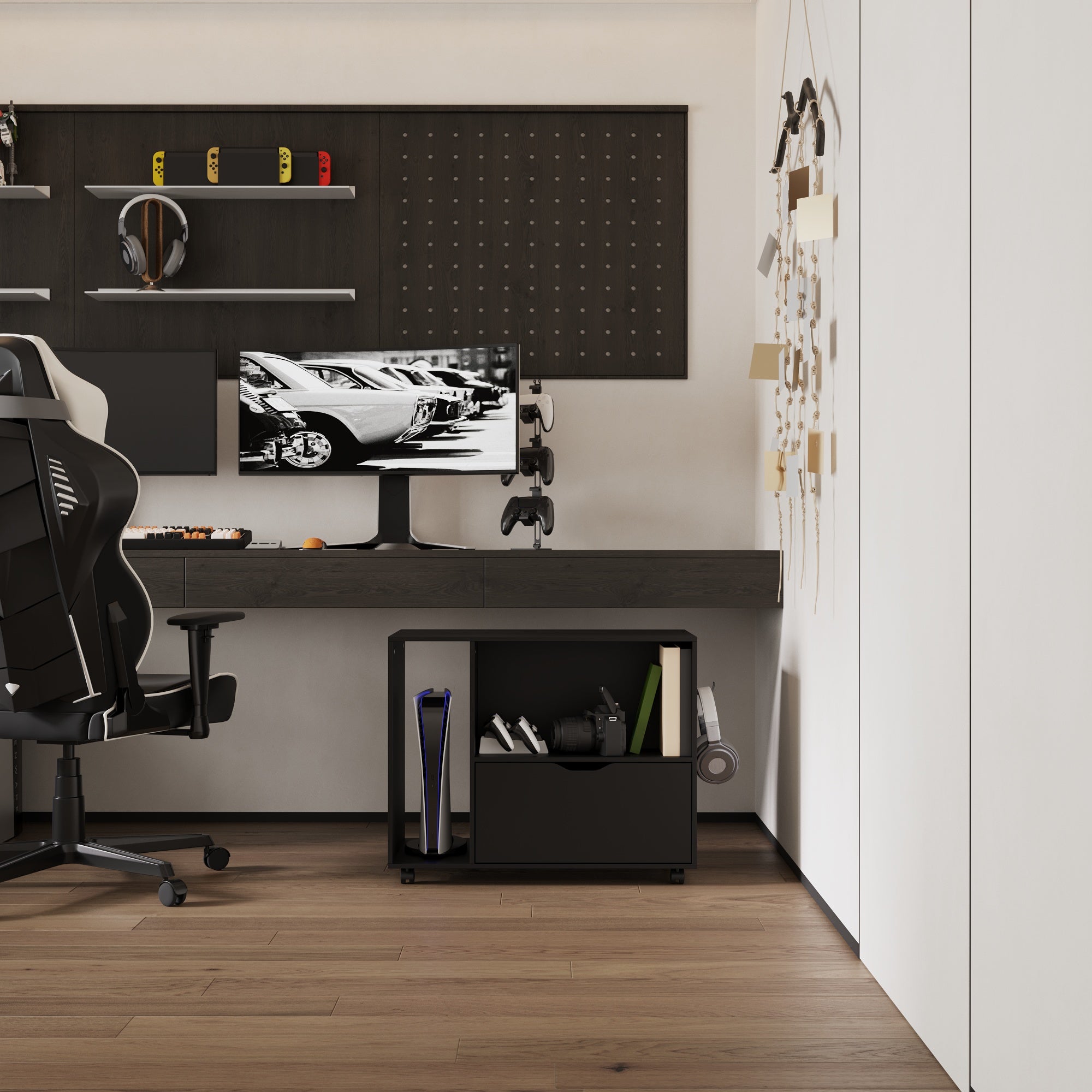 31.5" Wide Black Double File Cabinet - With Side Drawers, Hooks & Spinner Wheels