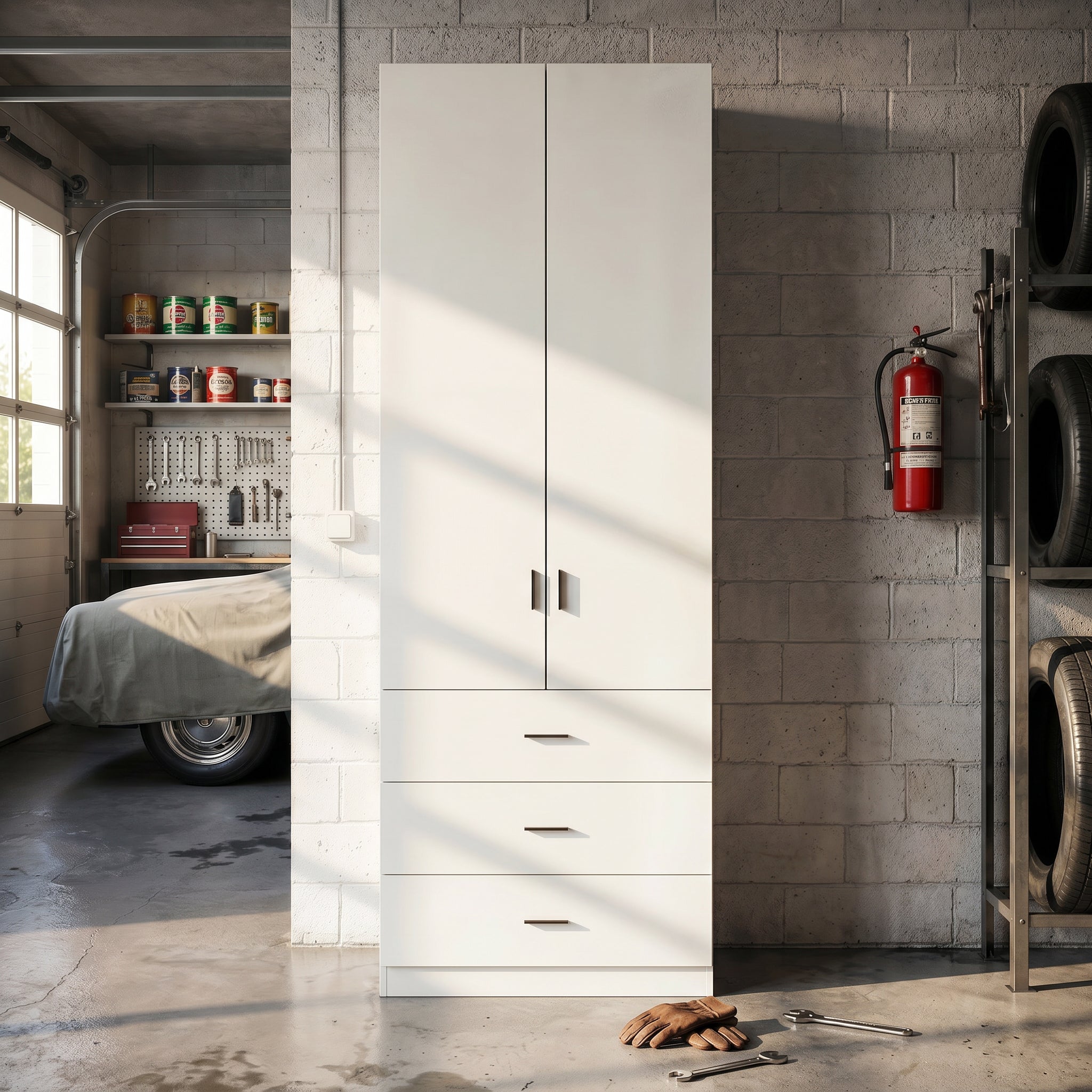 31.5 Inches White Engineered Wood Tall Garage Storage Cabinet with 2 Upper Doors and 3 Lower Drawers