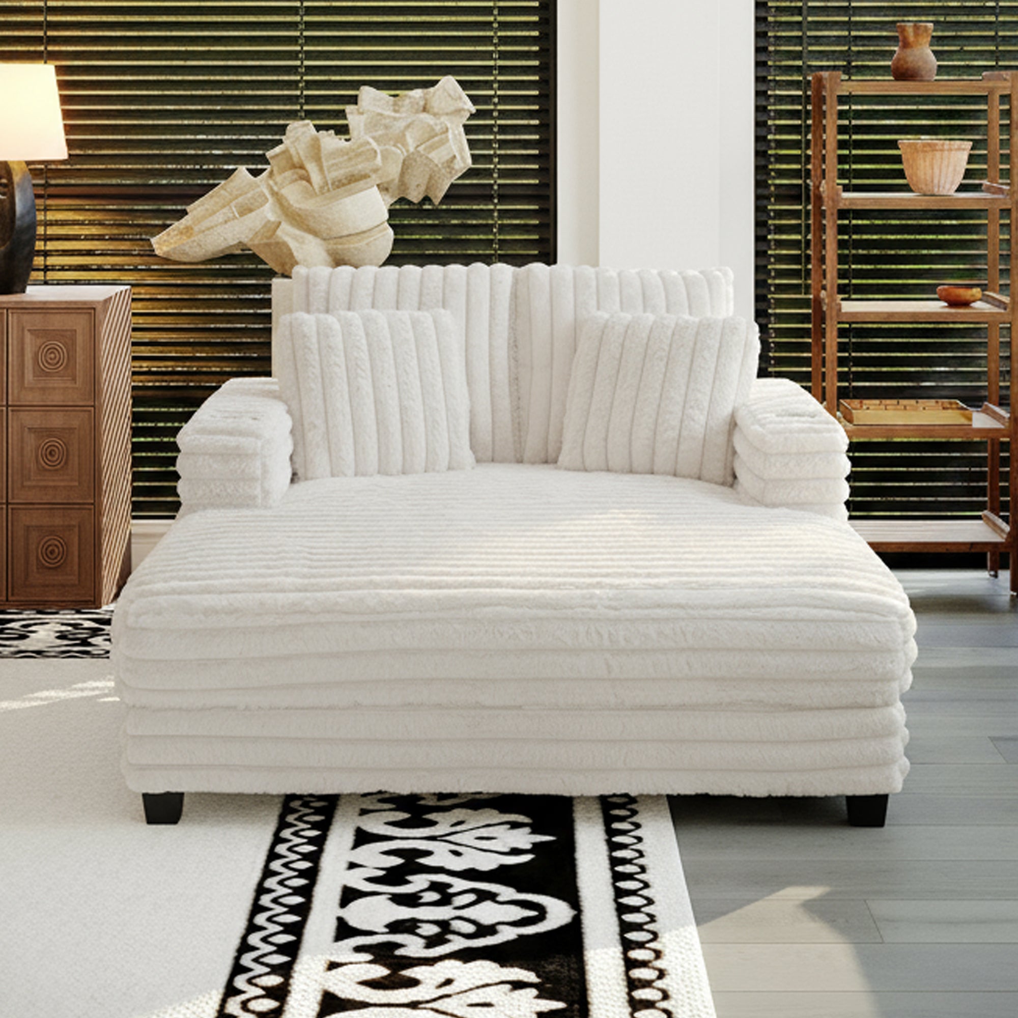 Oversized Modern Lounge Chaise Sofa Bed With Plush Faux Fur Upholstery And Pillow Set