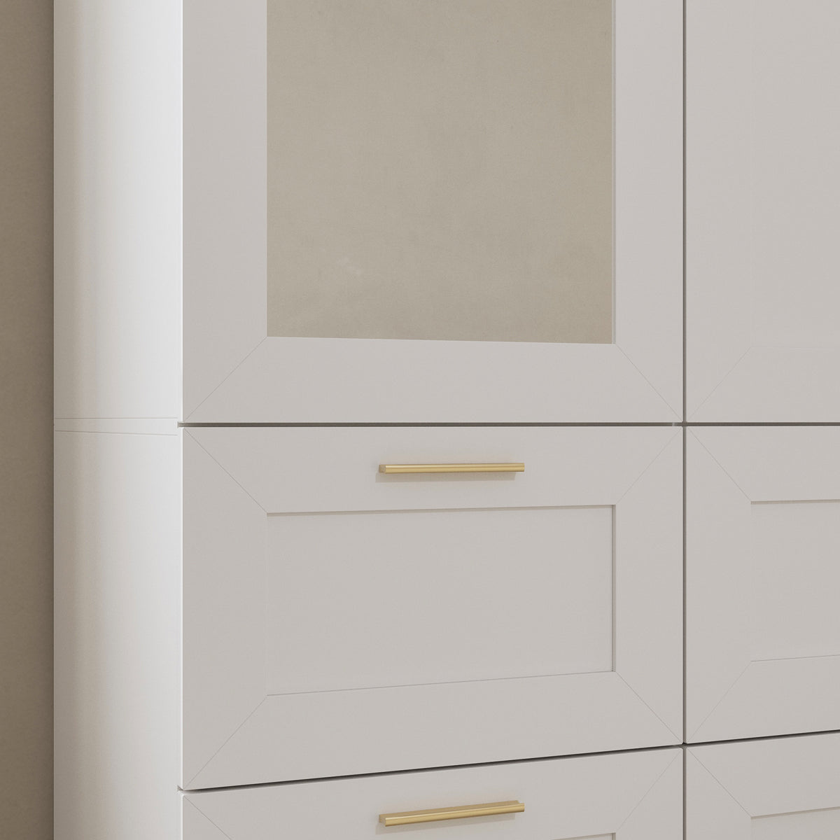 White armoire with mirror door, top cabinets, and lower drawers