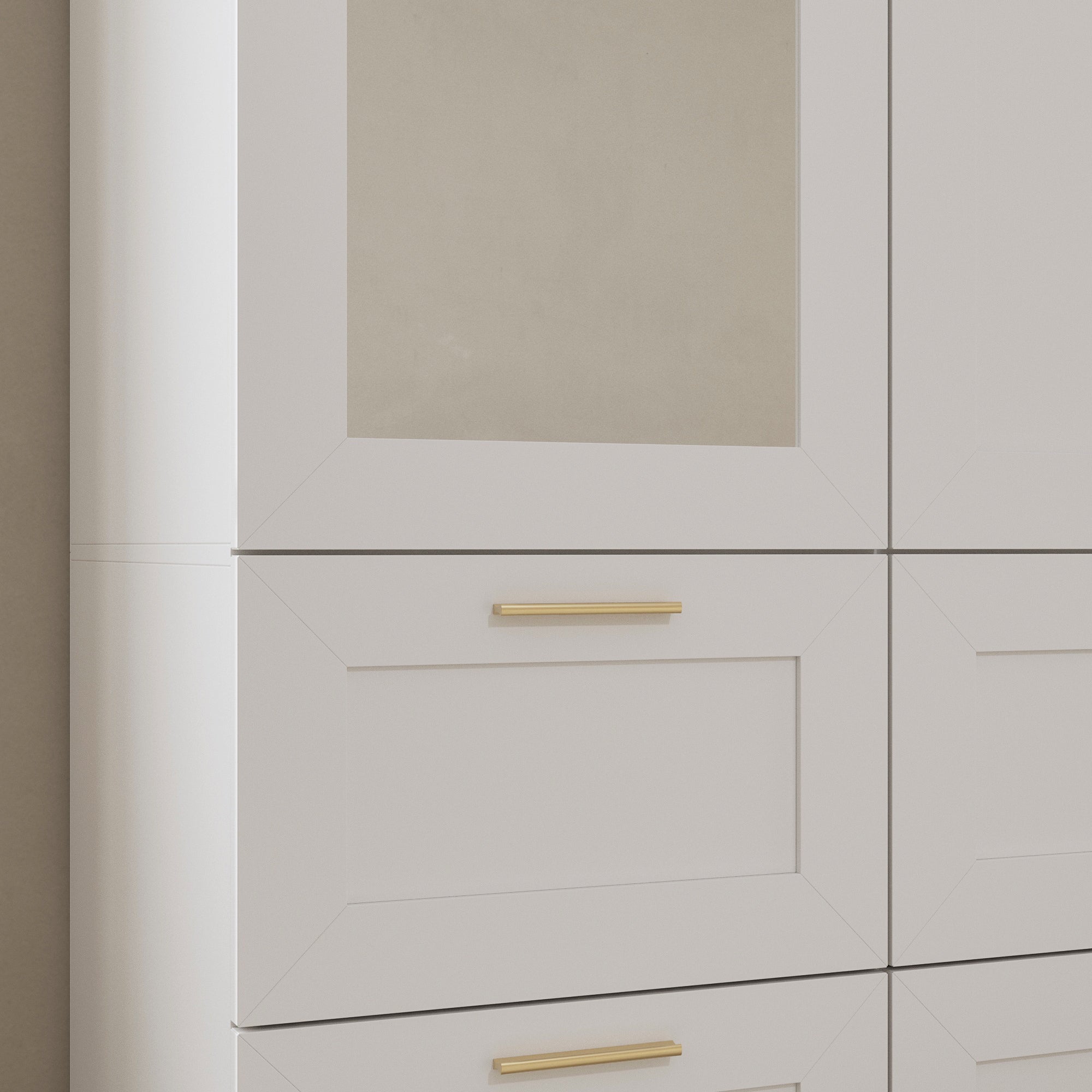White armoire with mirror door, top cabinets, and lower drawers